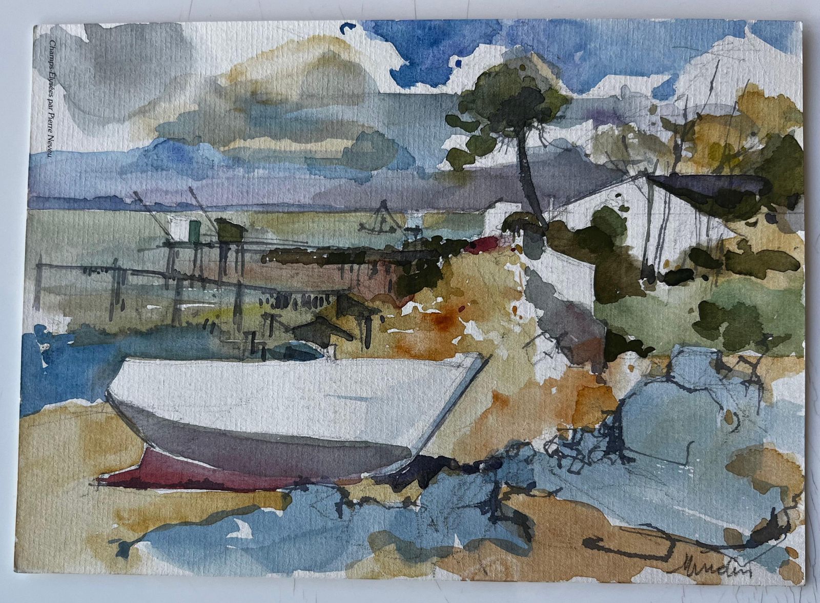 Pierre Neveumindin Estuary Scene With Boat And Carrelets French Coastal Watercolour photo furniture