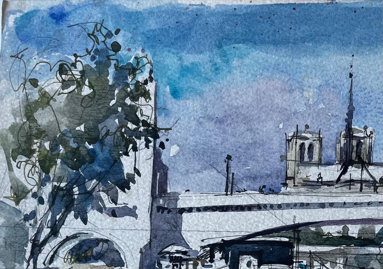 Pierre Neveunotre Dame Cathedral Paris River Seine Boats French Watercolour By Pierre Neveu photo for sale