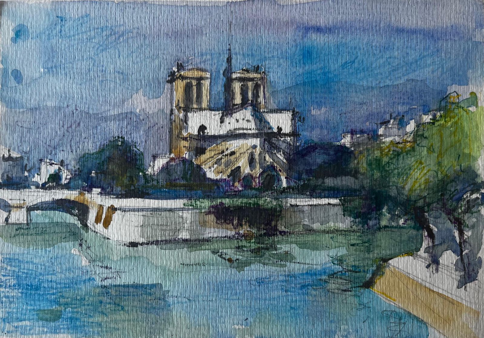 Pierre Neveunotre Dame Cathedral Paris River Seine French Watercolour Cityscape