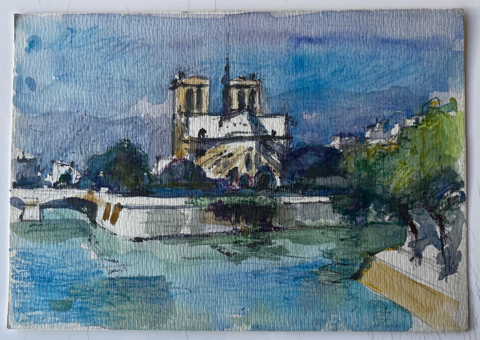 Pierre Neveunotre Dame Cathedral Paris River Seine French Watercolour Cityscape photo furniture