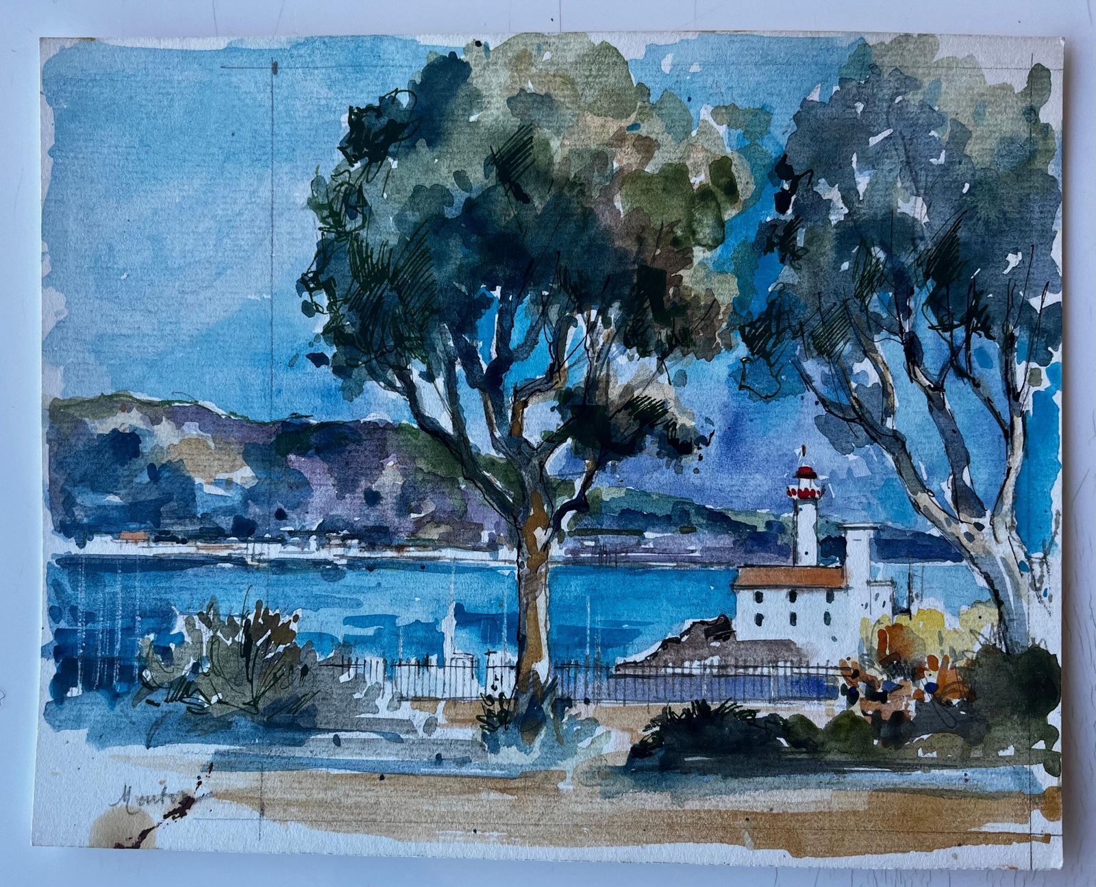 Pierre Neveulighthouse At Menton French Riviera Mediterranean Watercolour By Pierre Neveu photo furniture