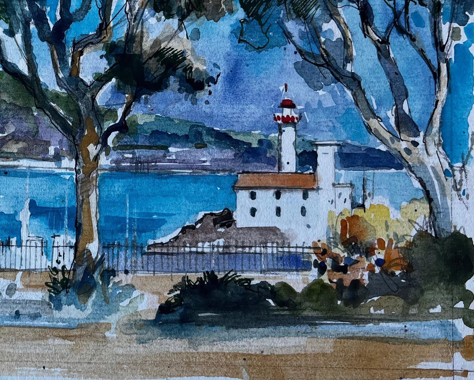 Pierre Neveulighthouse At Menton French Riviera Mediterranean Watercolour By Pierre Neveu photo for sale