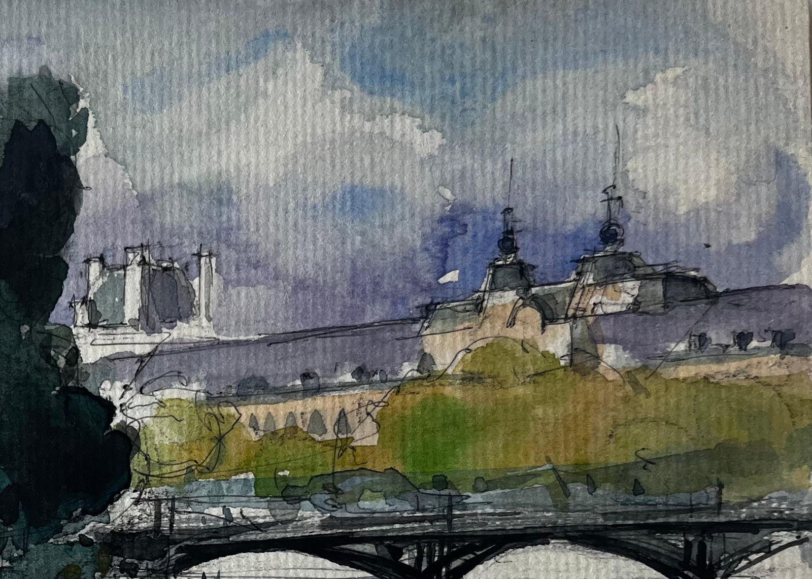 Pierre Neveuparis River Seine Bridge And Boats French Watercolour Cityscape By Pierre Neveu photo for sale