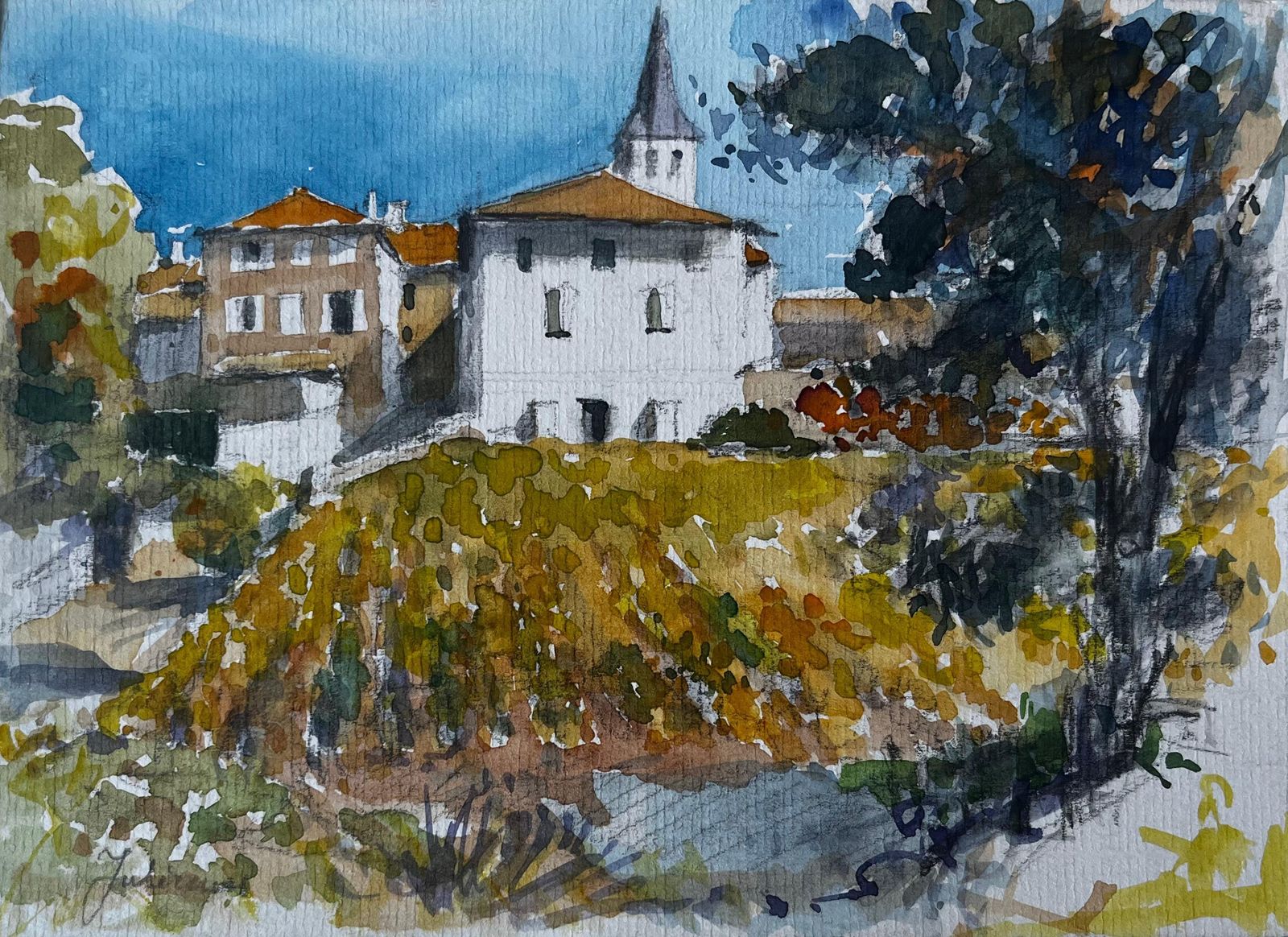 Pierre Neveufrench Village Landscape With Church Watercolour By Pierre Neveu
