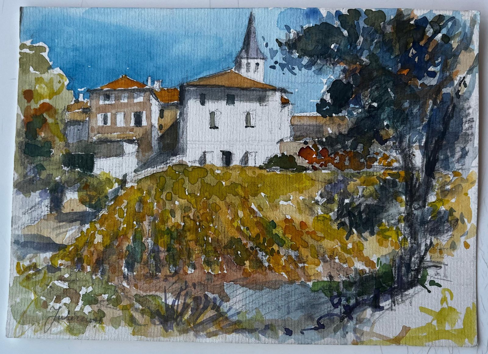 Pierre Neveufrench Village Landscape With Church Watercolour By Pierre Neveu photo furniture