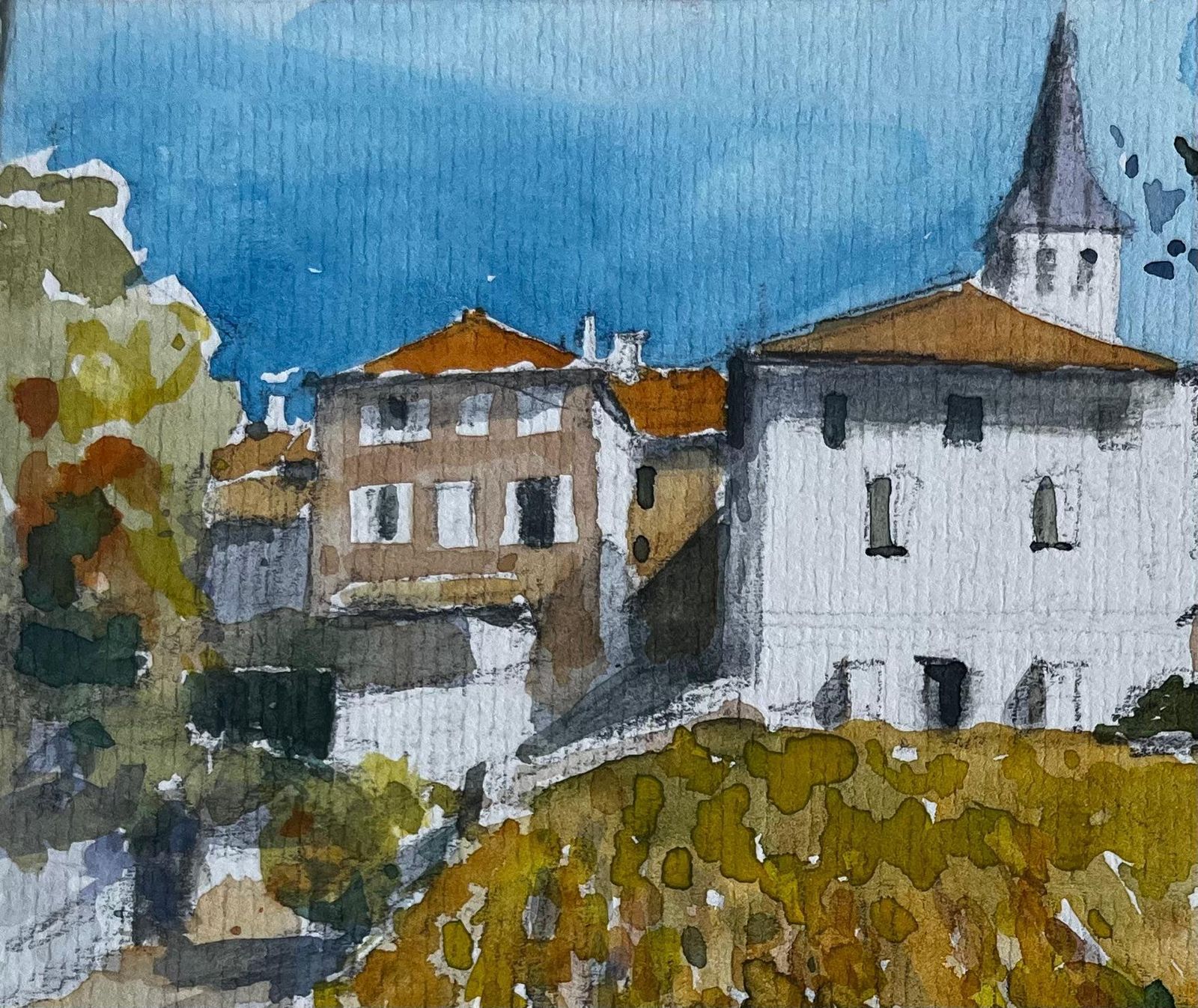 Pierre Neveufrench Village Landscape With Church Watercolour By Pierre Neveu photo for sale