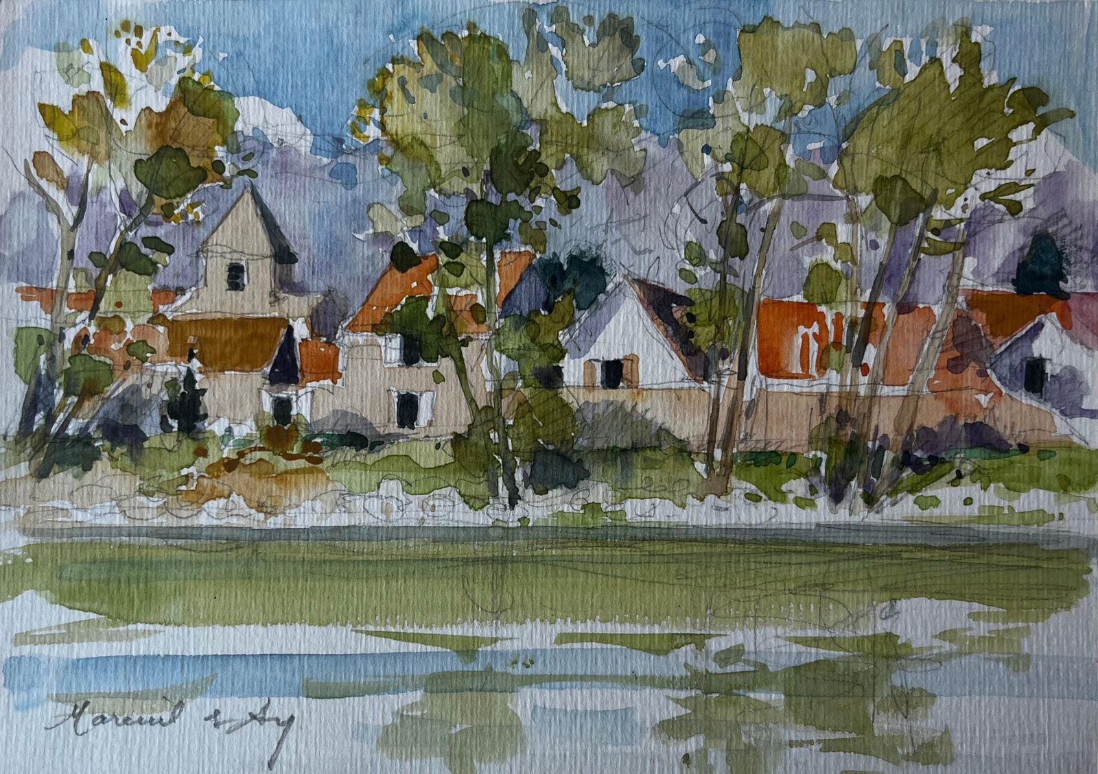 Pierre Neveuhameau De Loy Riverside Village French Watercolour By Pierre Neveu