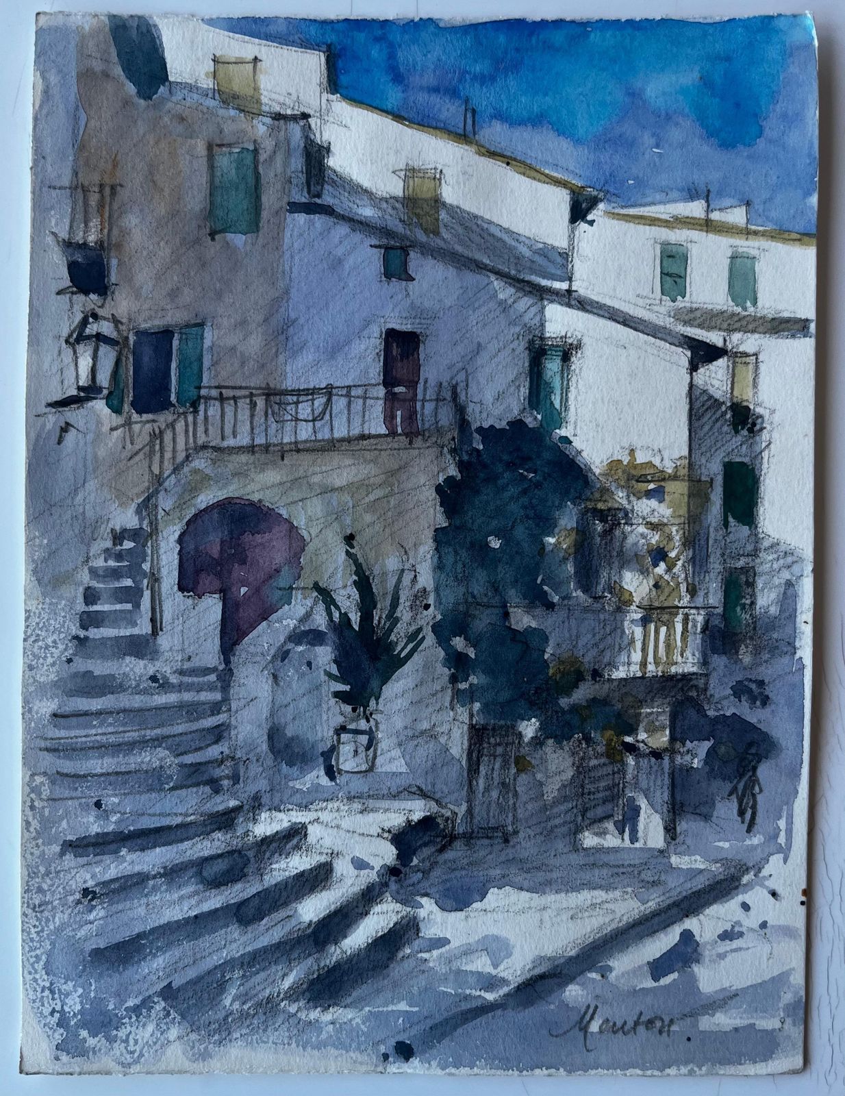 Pierre Neveusunlit Steps In Menton French Riviera Street Scene Watercolour By Pierre Neveu photo furniture