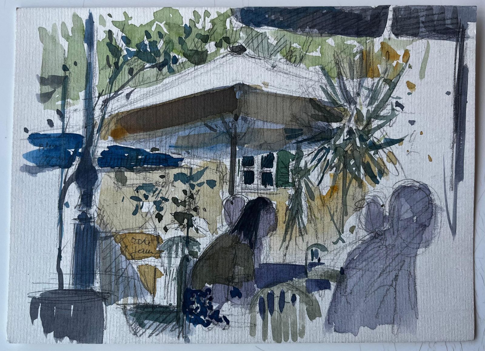 Pierre Neveucafé Terrace Scene With Umbrella French Watercolour By Pierre Neveu photo furniture