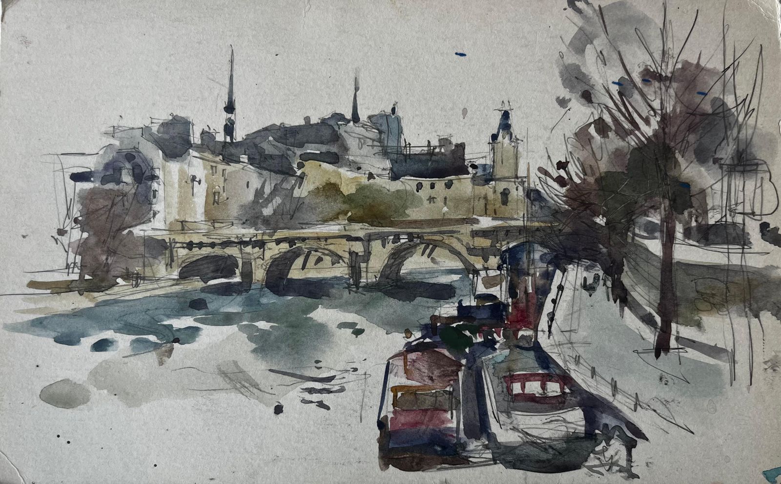 Pierre Neveubridge And Riverside Architecture Scene French Watercolour By Pierre Neveu