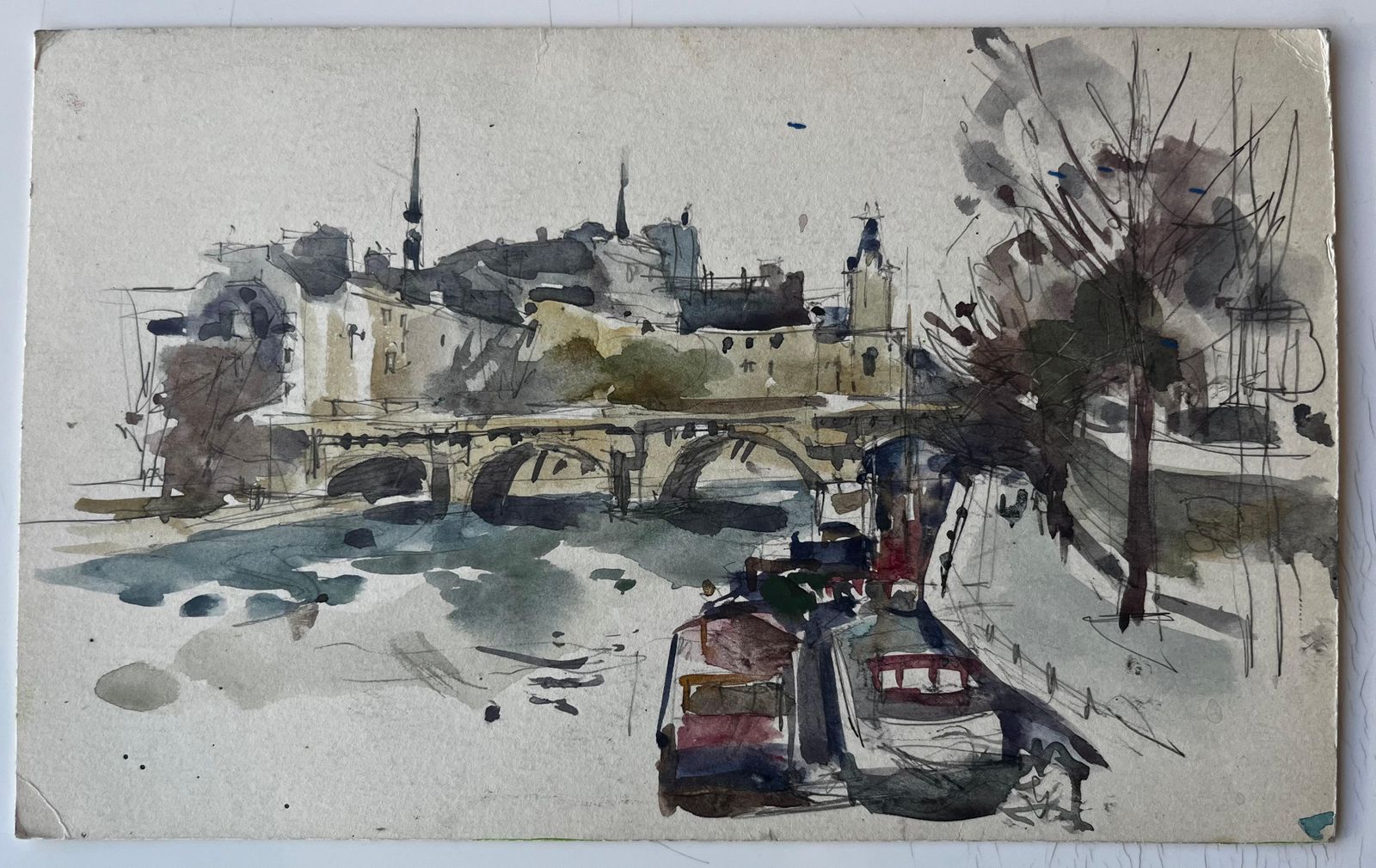 Pierre Neveubridge And Riverside Architecture Scene French Watercolour By Pierre Neveu photo furniture