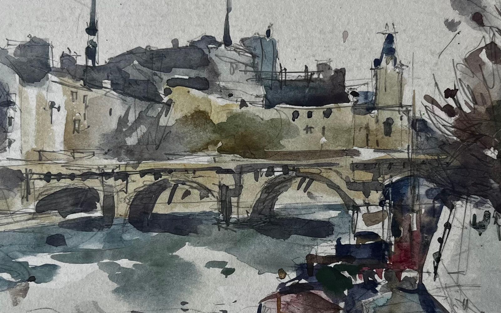 Pierre Neveubridge And Riverside Architecture Scene French Watercolour By Pierre Neveu photo buy