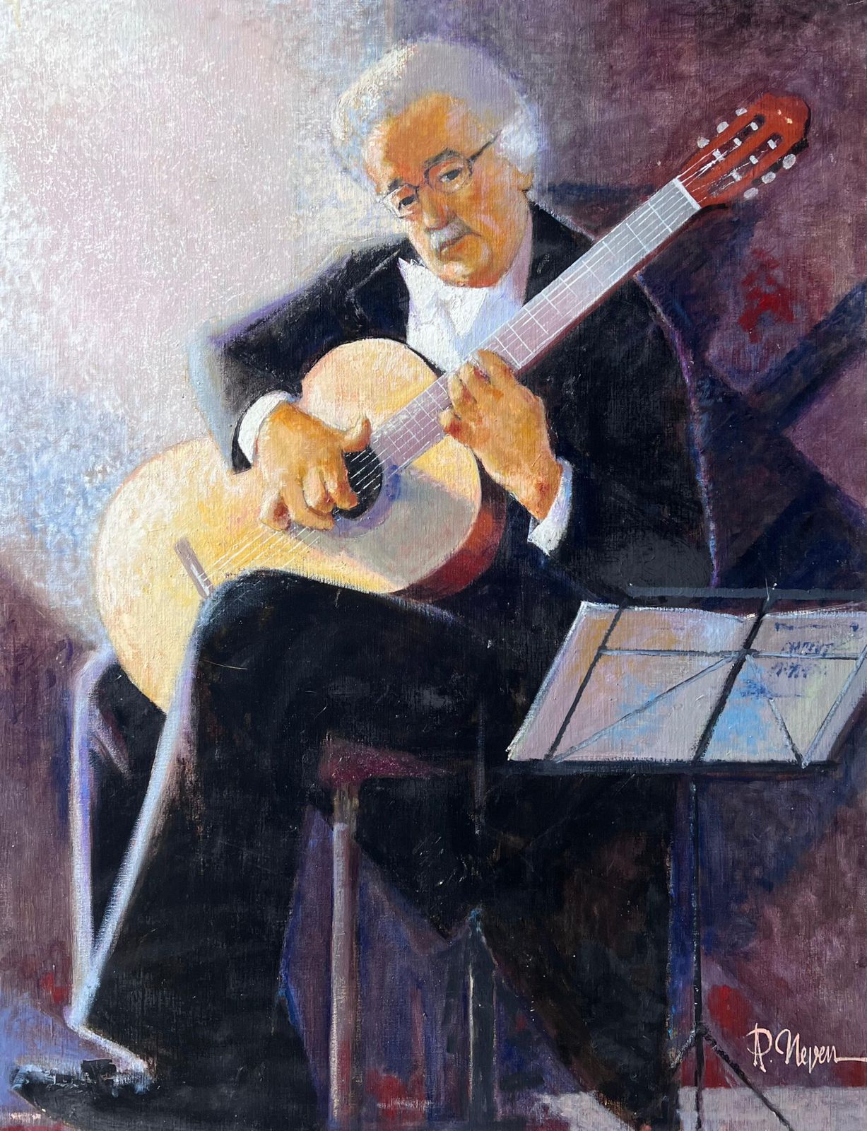 Pierre Neveuclassical Guitarist Reading Notes In Concert French Oil Painting