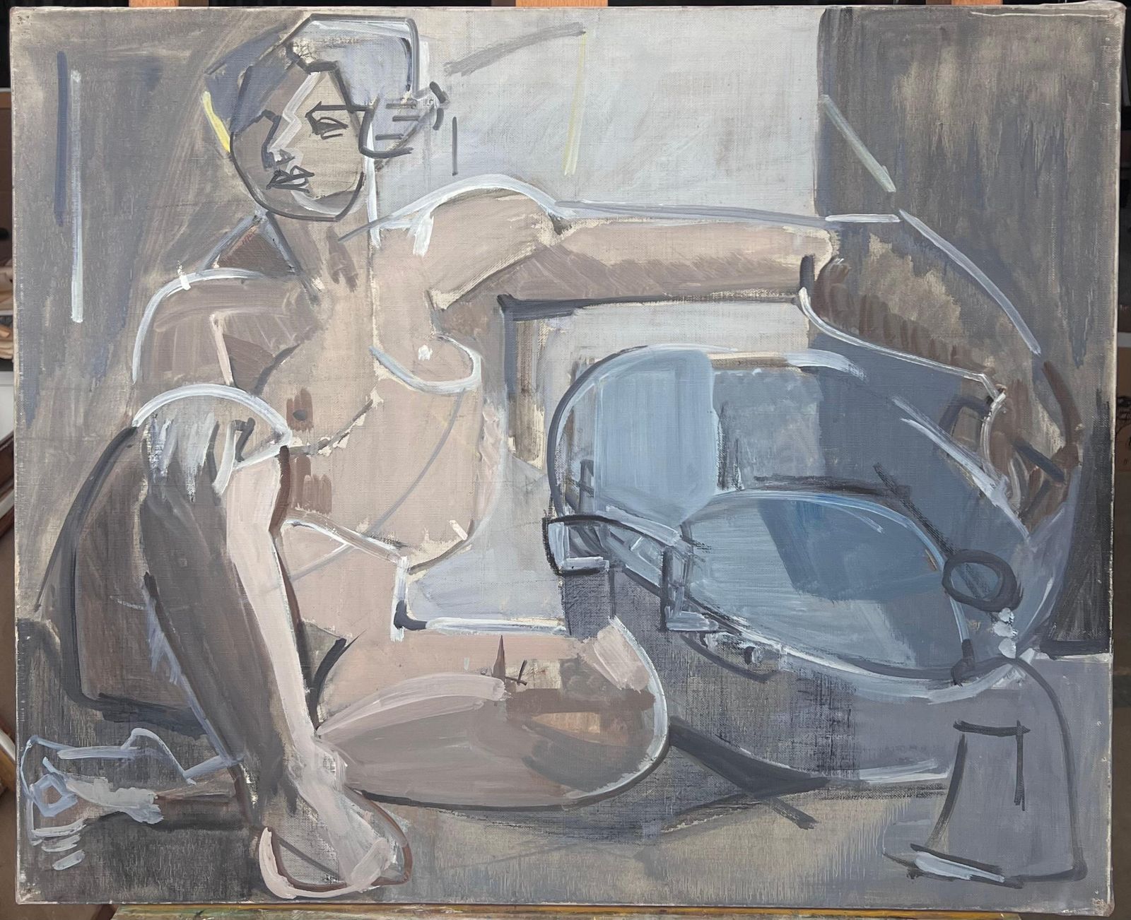 Laure Noetzin Azam (French 1929 2024)fine 20th Century French Cubist Oil Painting Seated Nude Woman In Interior Room photo furniture