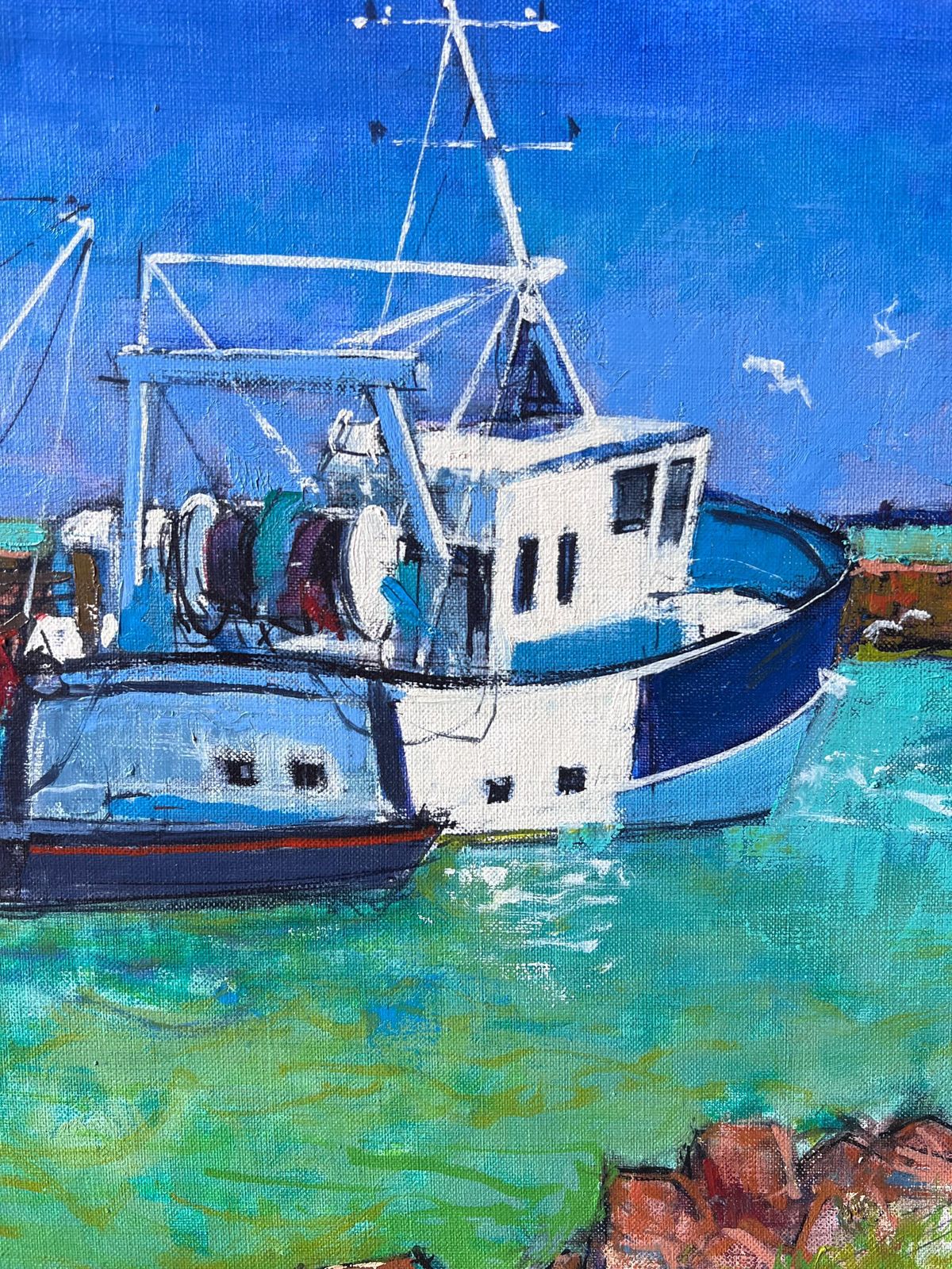 Pierre Neveufishing Boats In Harbour In Bright Green Sea Coast French Oil Painting photo for sale