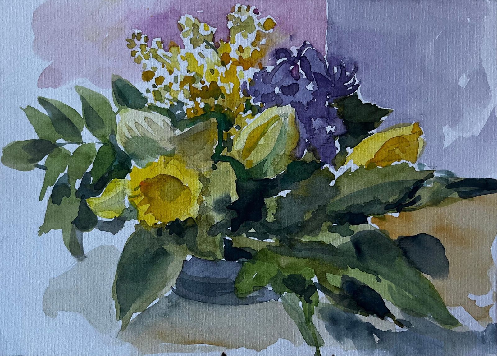 Pierre Neveusunflower And Mimosa Still Life Mid Century Watercolour By Pierre Neveu