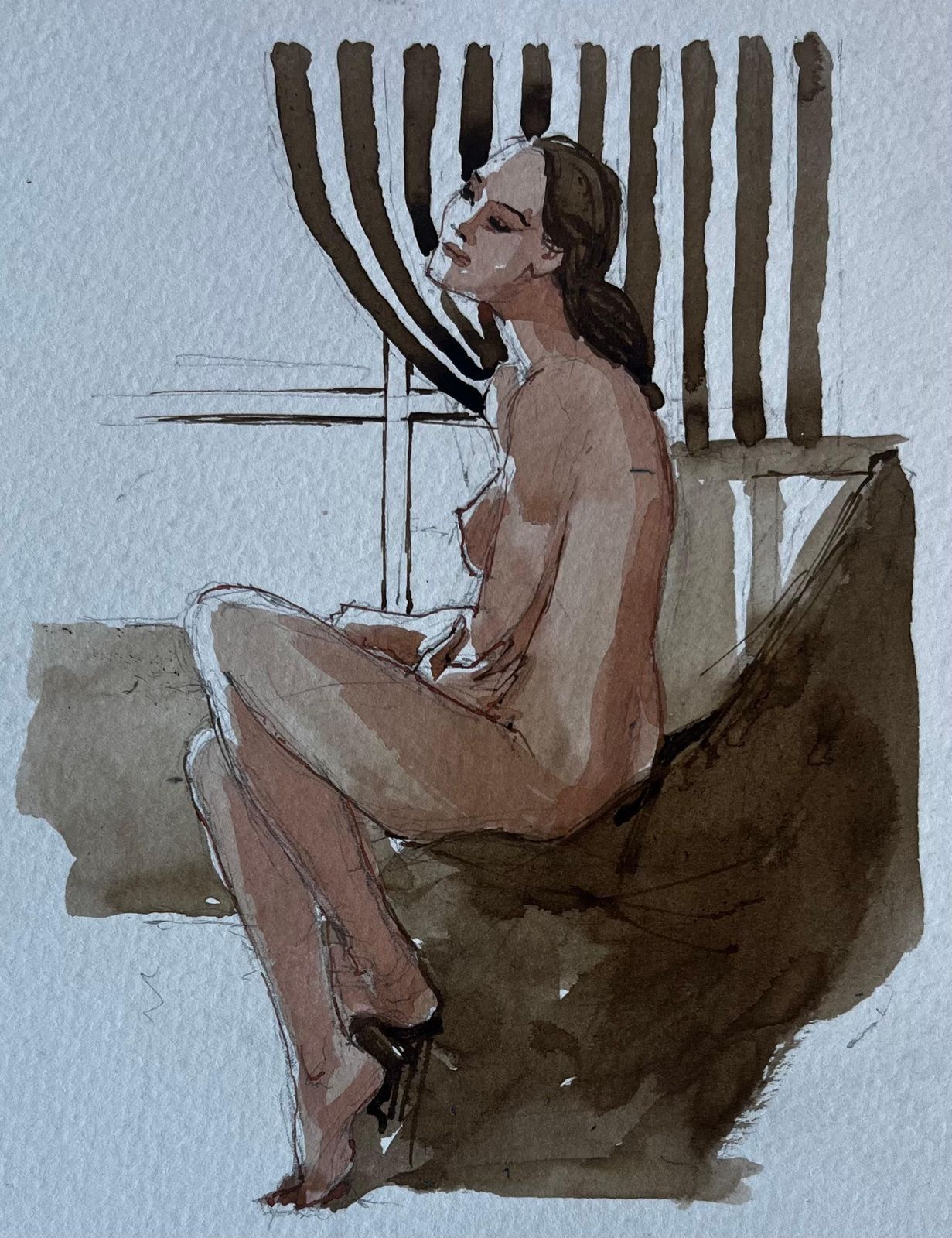 Pierre Neveuseated Female Nude With Striped Curtain French Modernist Watercolour Figure