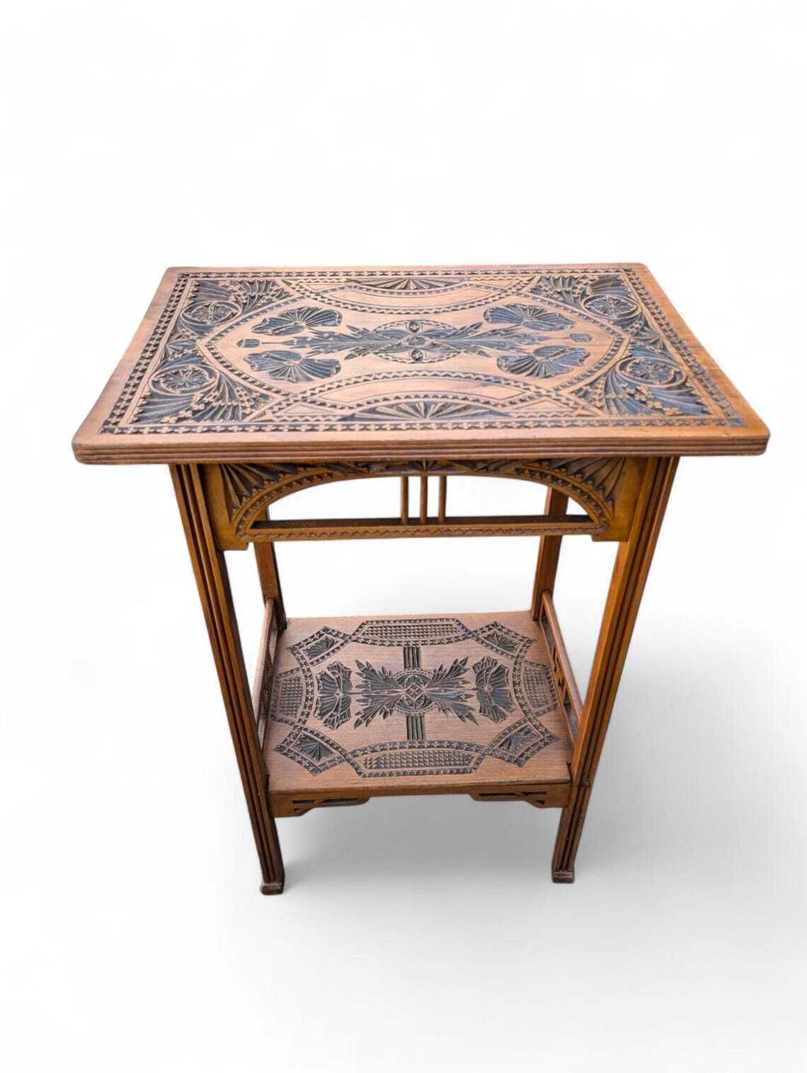 Art Nouveau Side Table  Frisian Chip Carving  Dated 1912  Signed Dutch Folk Art photo for sale