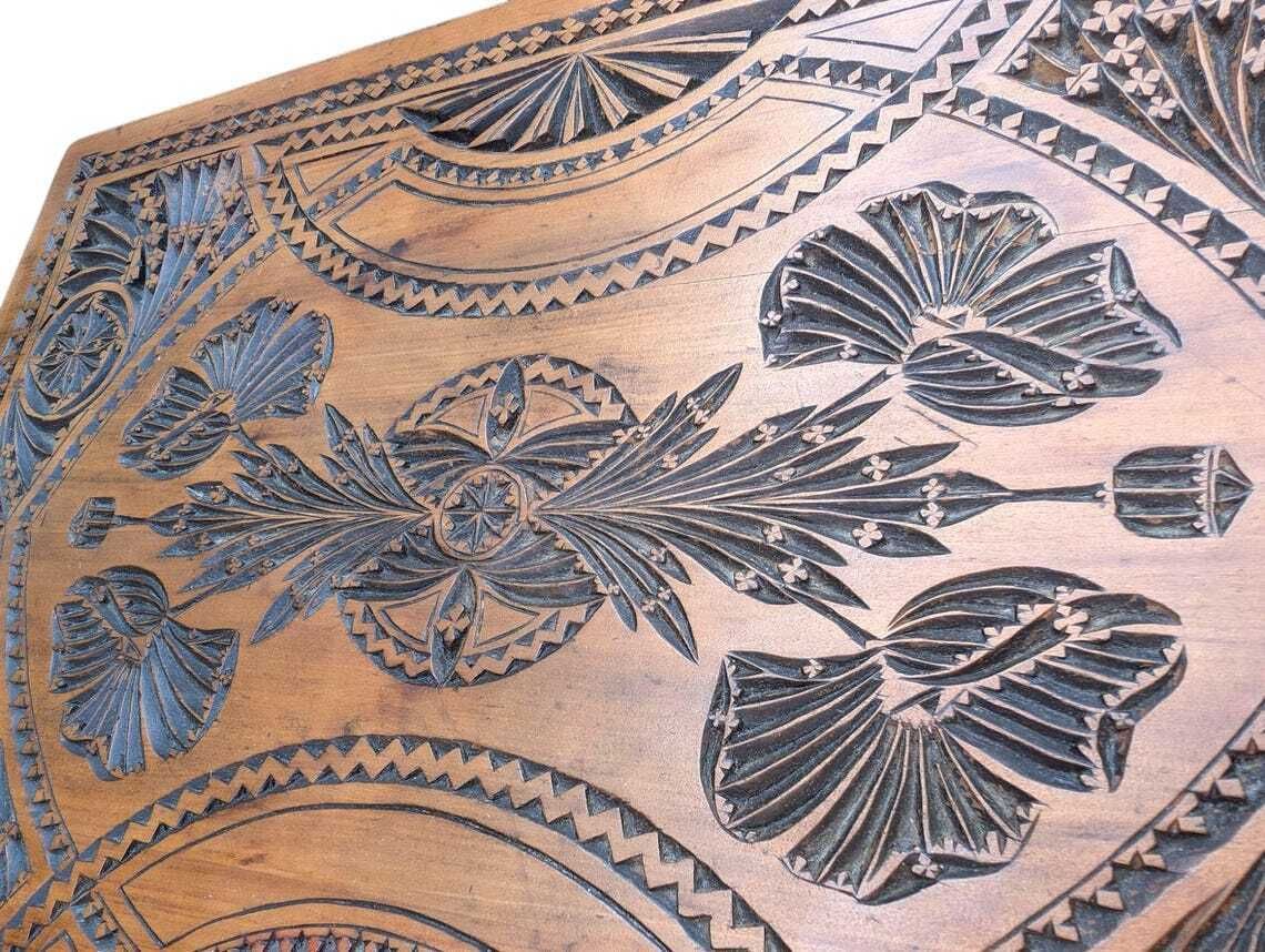 Art Nouveau Side Table  Frisian Chip Carving  Dated 1912  Signed Dutch Folk Art photo buy