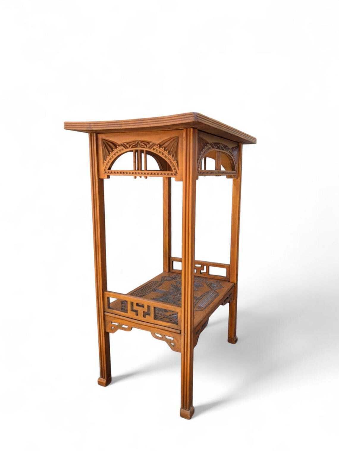 photo for sale Art Nouveau Side Table  Frisian Chip Carving  Dated 1912  Signed Dutch Folk Art