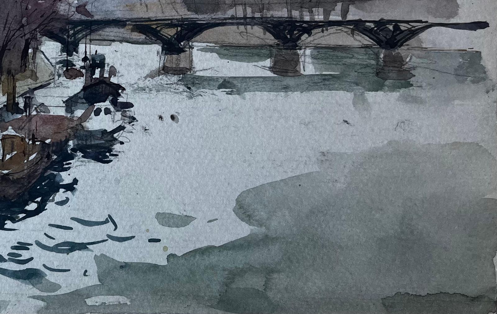 Pierre Neveuparis River Scene With Bridge And Boats French Modernist Watercolour photo vinterior