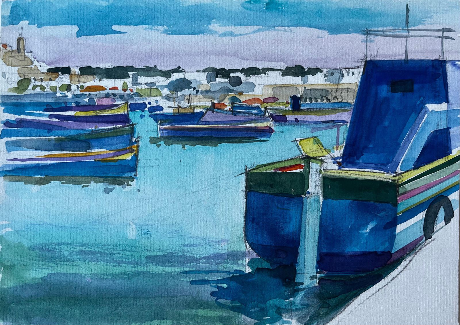 Pierre Neveumediterranean Harbour With Boats French Modernist Watercolour By Pierre Neveu