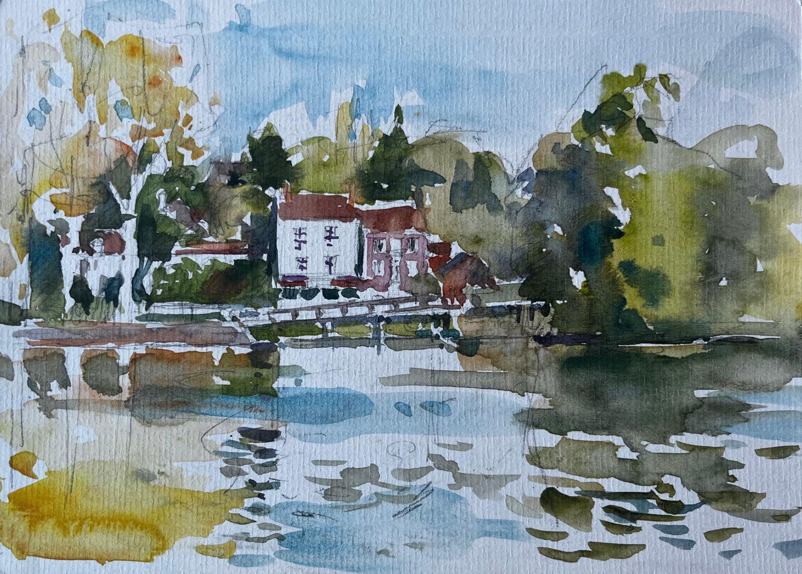 Pierre Neveuriverside Houses Reflected In Water French Impressionist Landscape Watercolour