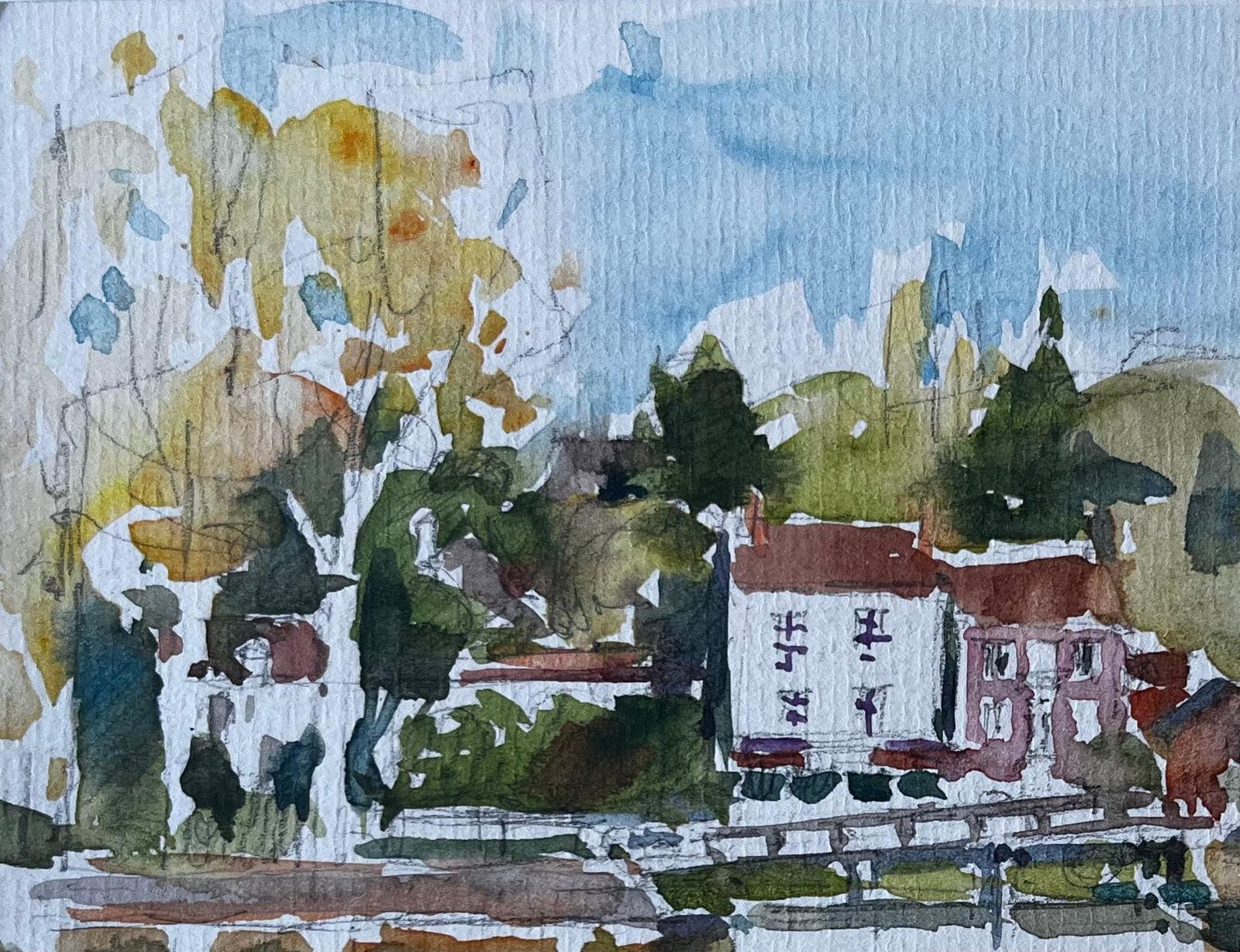 Pierre Neveuriverside Houses Reflected In Water French Impressionist Landscape Watercolour photo for sale