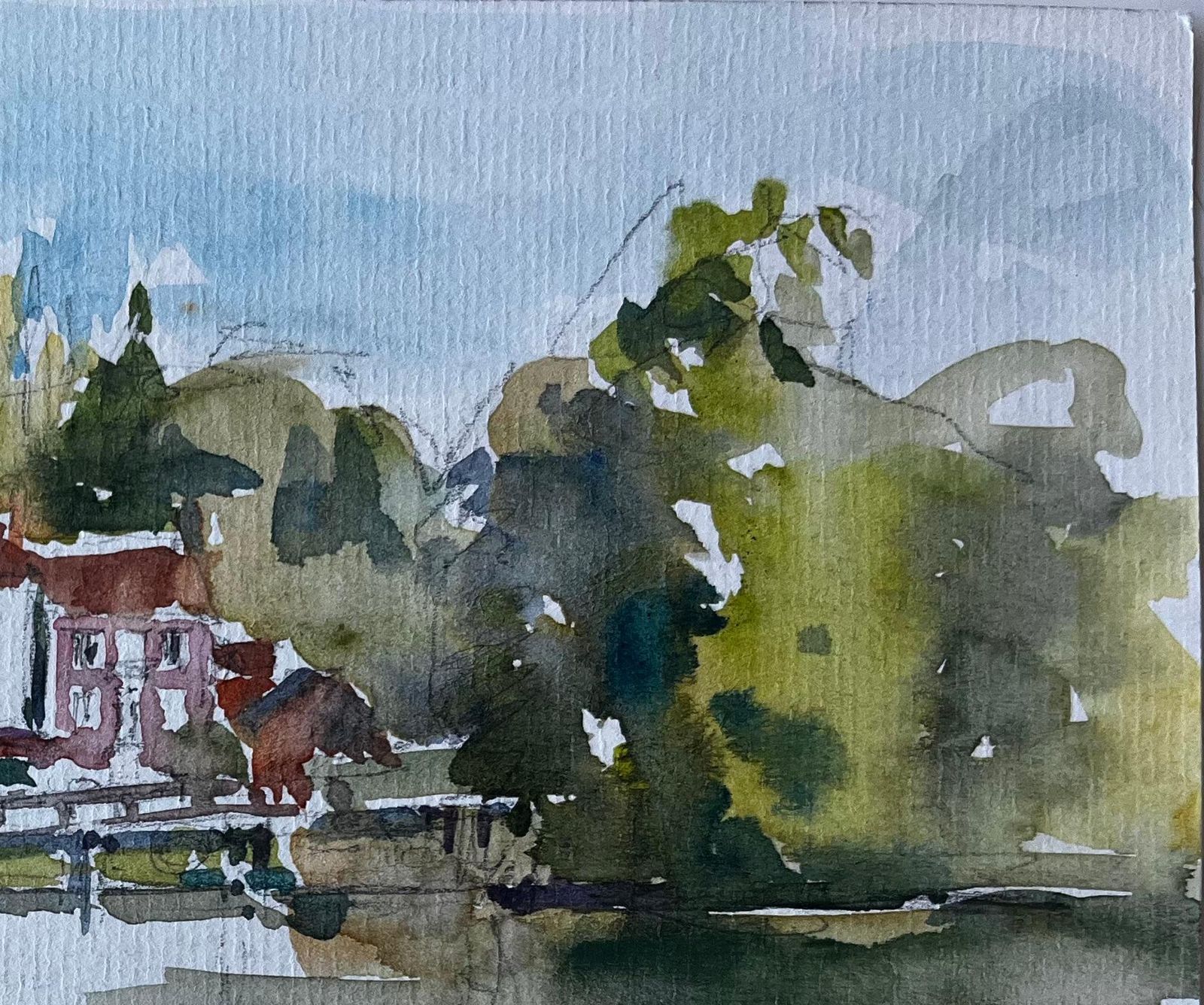 Pierre Neveuriverside Houses Reflected In Water French Impressionist Landscape Watercolour photo 580.0