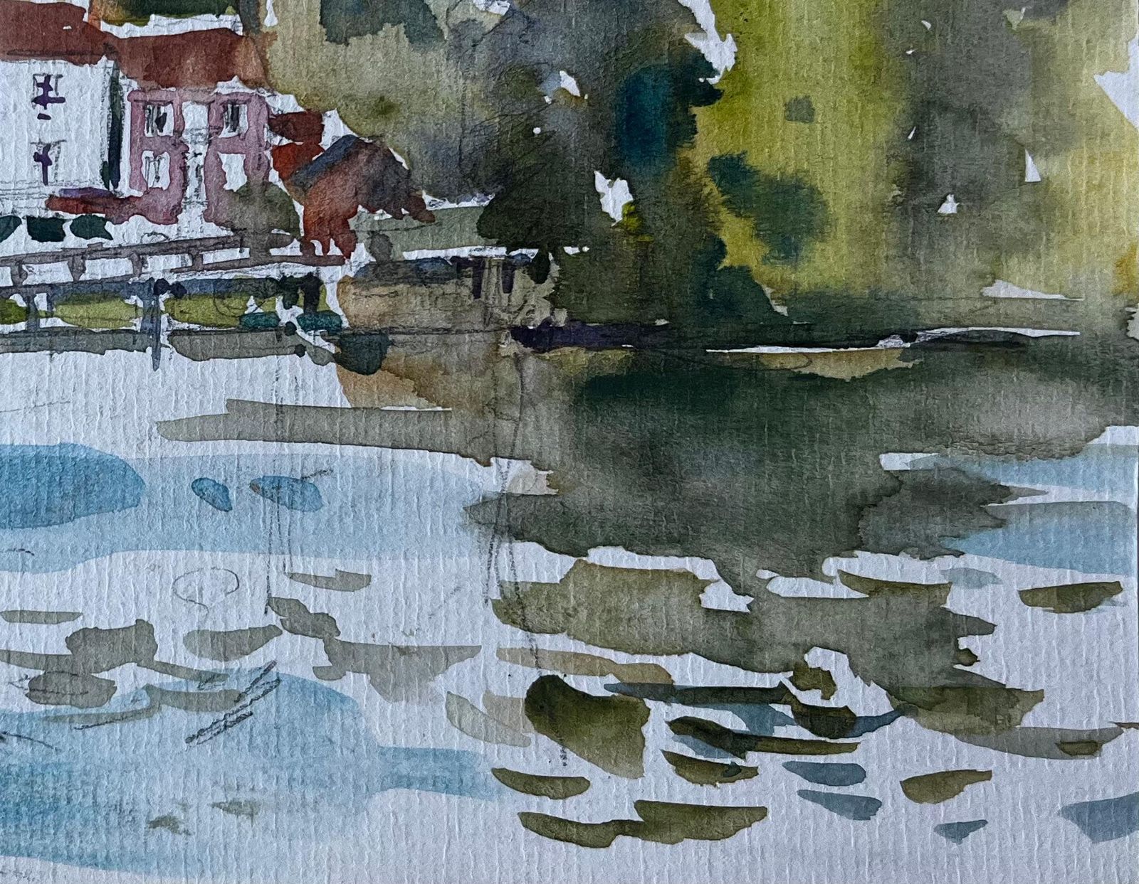 Pierre Neveuriverside Houses Reflected In Water French Impressionist Landscape Watercolour photo vinterior