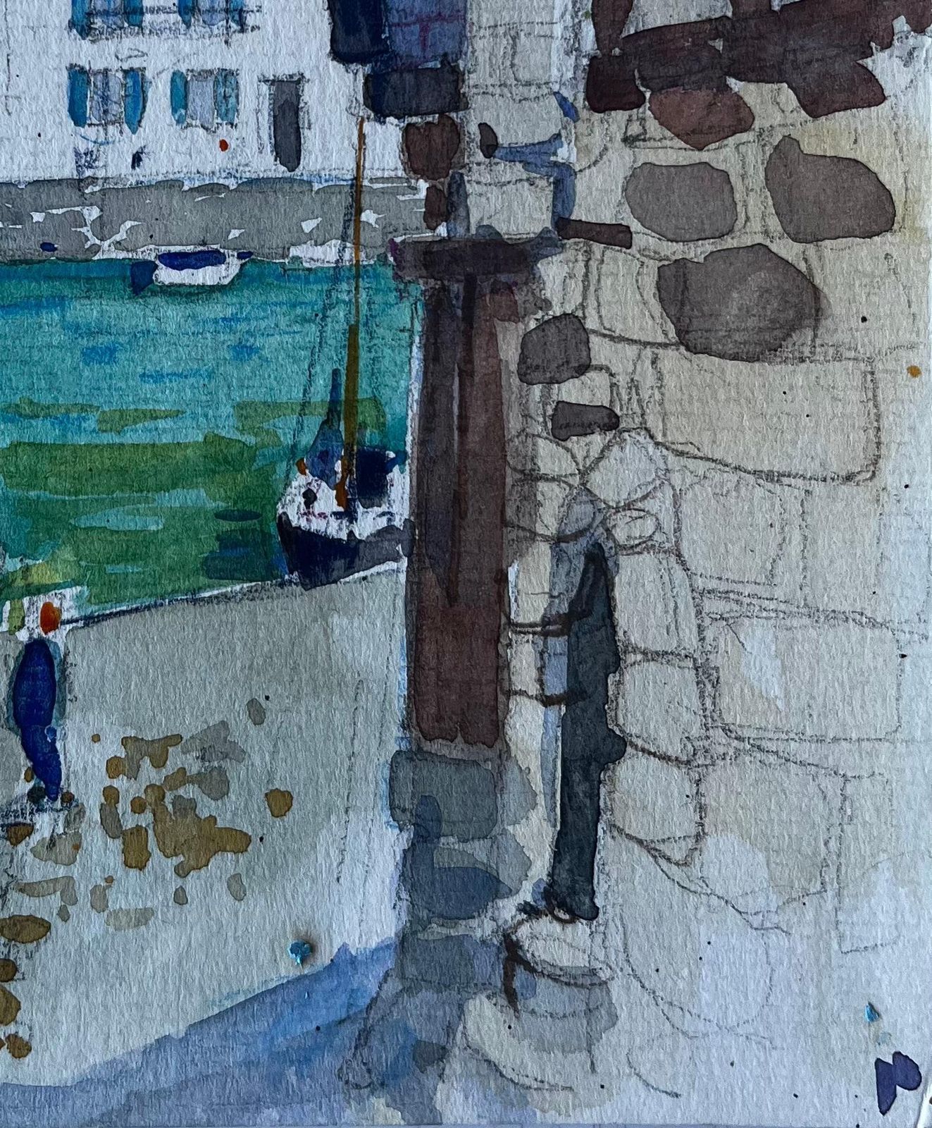 Pierre Neveuharbour Street Scene Brittany Coastal Village French Modernist Watercolour photo 570.0