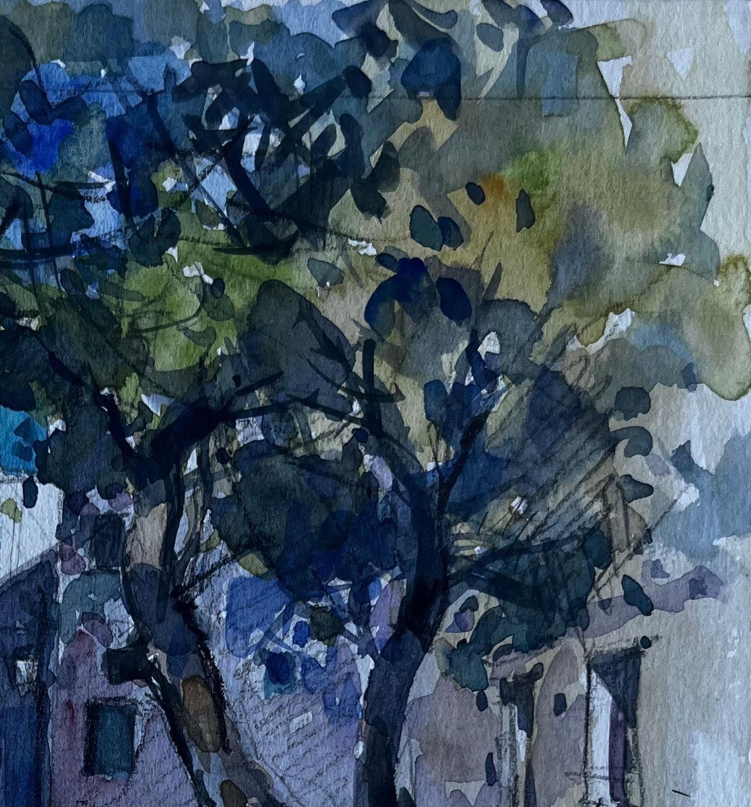 Pierre Neveufrench Village Street With Tree Shadows Mid Century Watercolour By Pierre Neveu photo for sale