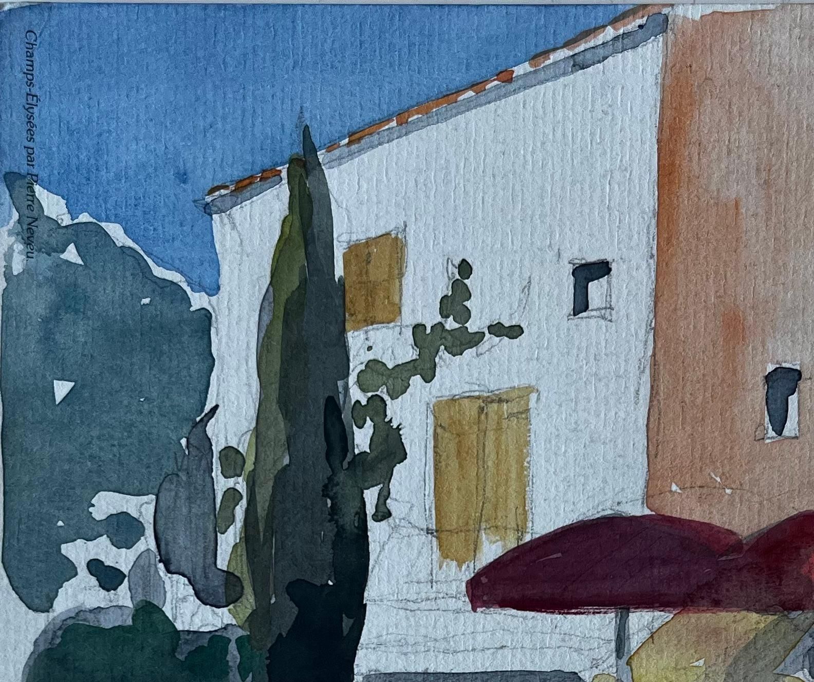 Pierre Neveuprovençal Café Scene With Red Umbrellas French Modernist Watercolour photo Art