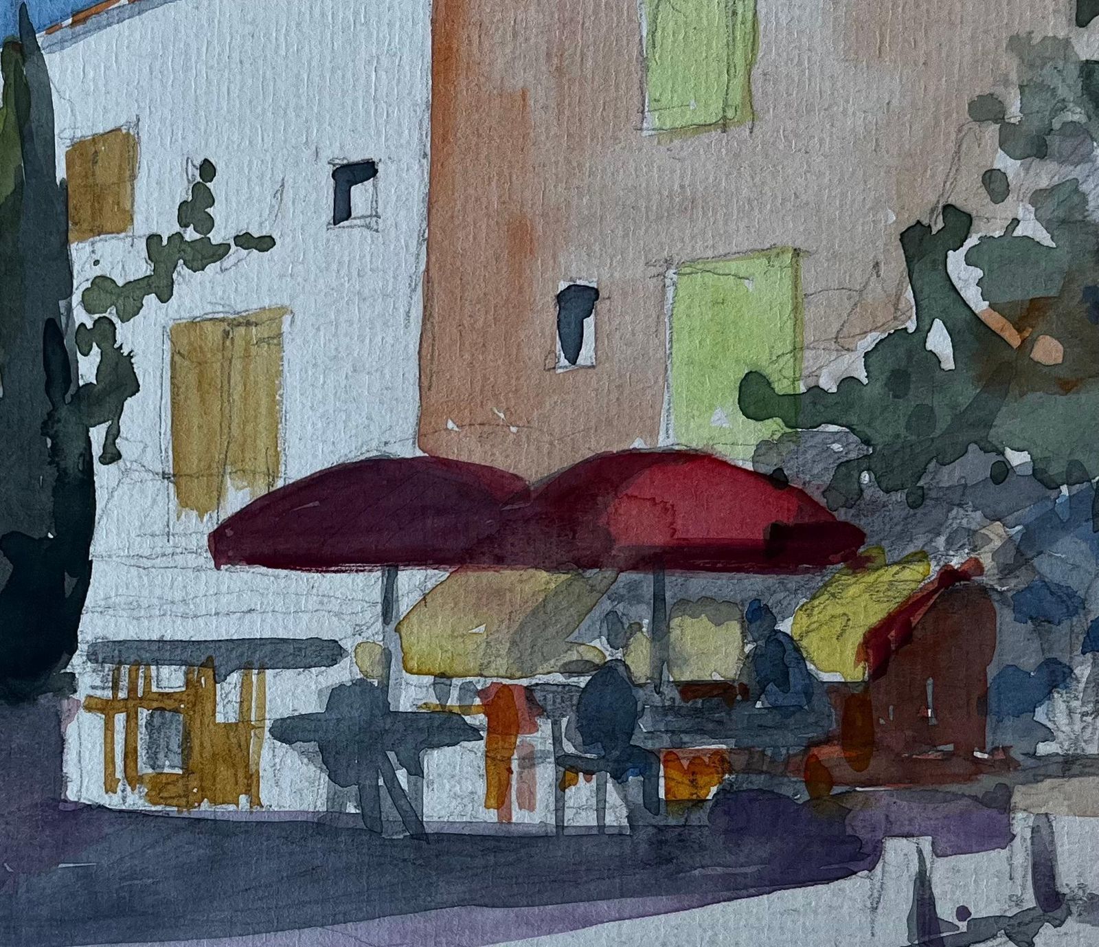 Pierre Neveuprovençal Café Scene With Red Umbrellas French Modernist Watercolour photo buy