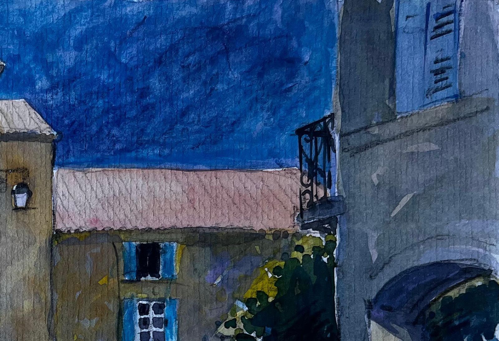 Pierre Neveufrench Village Square With Blue Shutters Mid Century Watercolour By Pierre Neveu photo Art