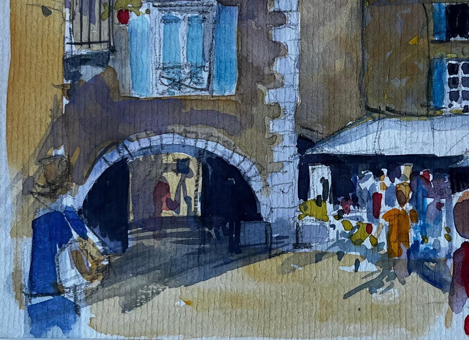 Pierre Neveufrench Village Square With Blue Shutters Mid Century Watercolour By Pierre Neveu photo vinterior