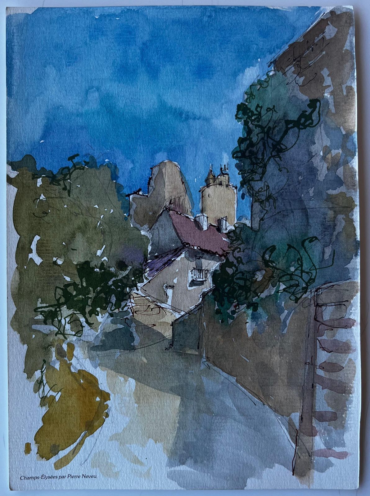 Pierre Neveufrench Village Street With Tree Shadows Mid Century Watercolour By Pierre Neveu photo furniture