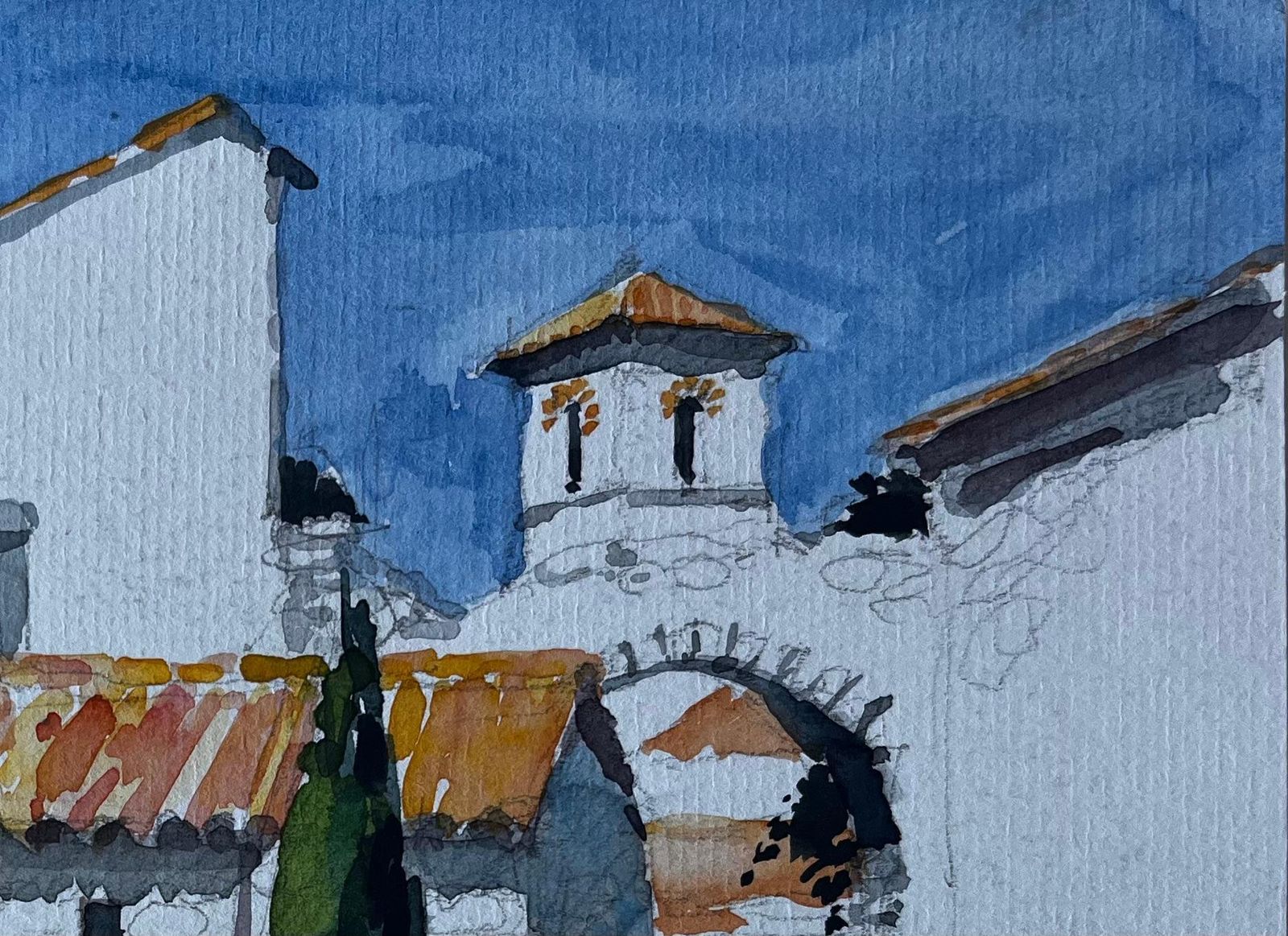 Pierre Neveusunlit Village Houses With Terracotta Roofs French Modernist Watercolour photo 580.0