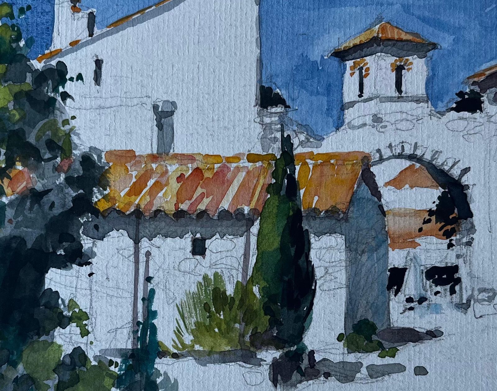 Pierre Neveusunlit Village Houses With Terracotta Roofs French Modernist Watercolour photo buy