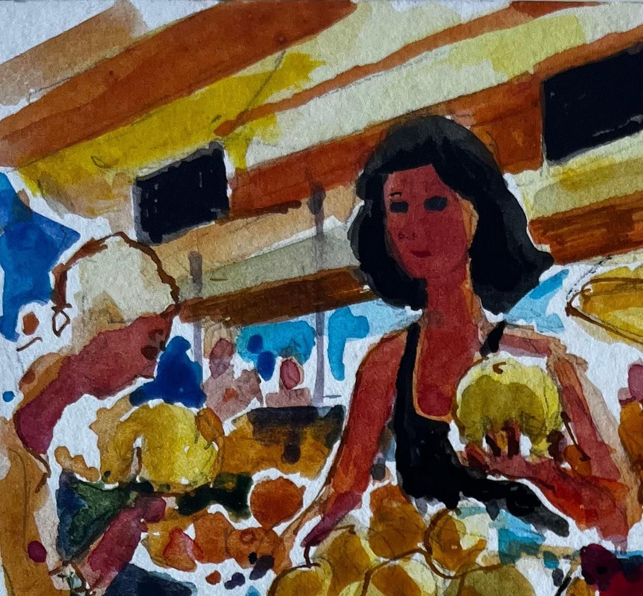 Pierre Neveufrench Market Scene With Fruit Stall Modernist Felt Pen And Gouache Drawing photo furniture