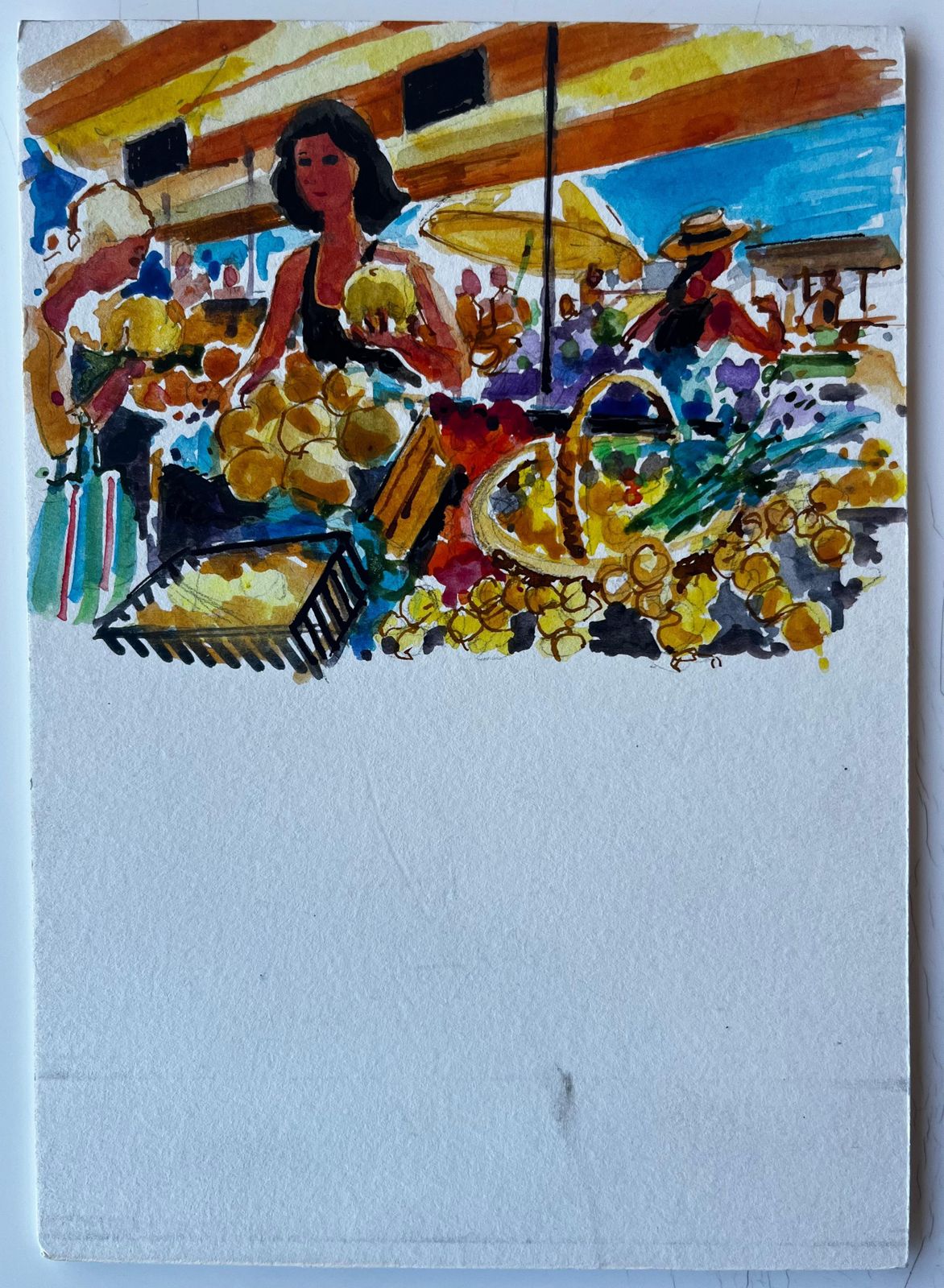 Pierre Neveufrench Market Scene With Fruit Stall Modernist Felt Pen And Gouache Drawing photo for sale