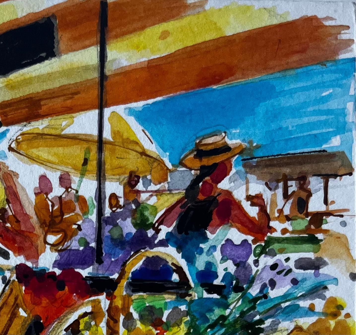 Pierre Neveufrench Market Scene With Fruit Stall Modernist Felt Pen And Gouache Drawing photo Art