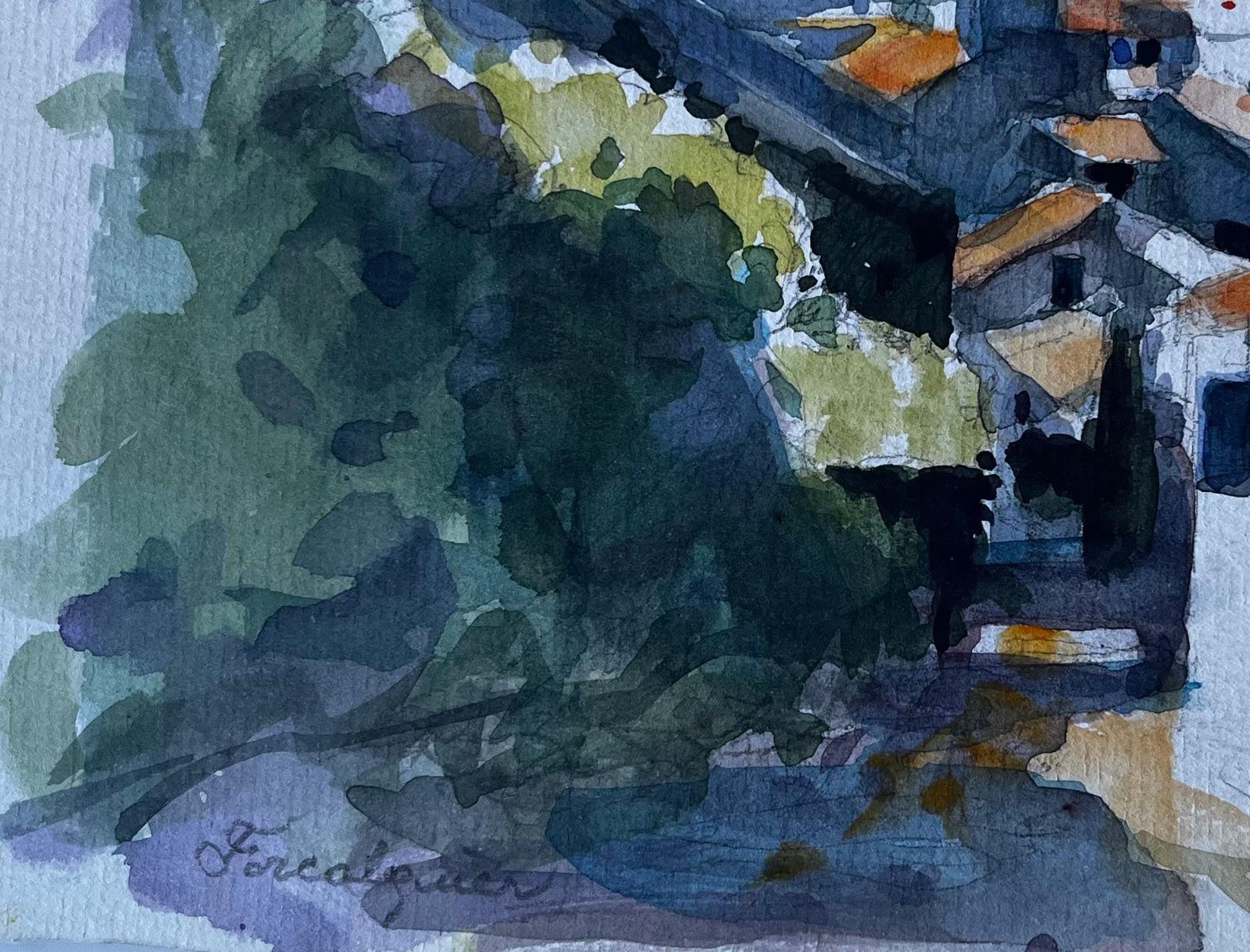 Pierre Neveufrench Hilltop View Of Forcalquier Mid Century Watercolour Landscape photo vinterior