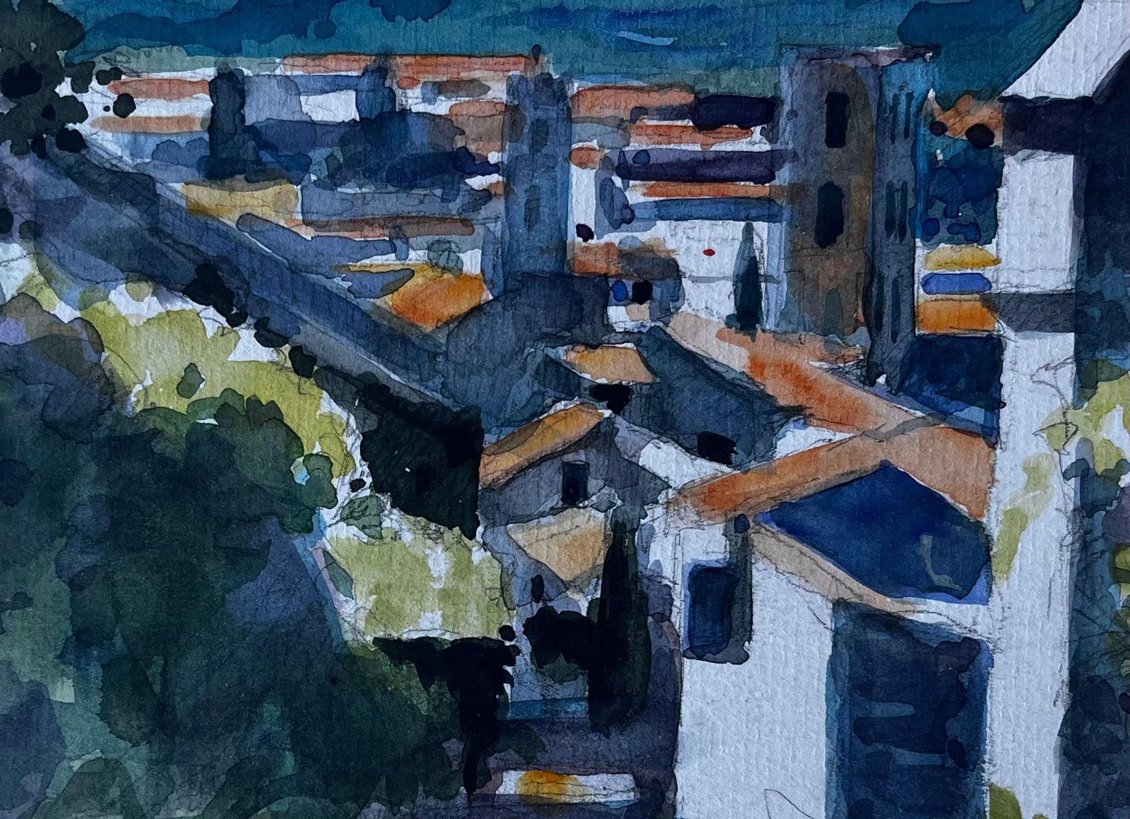 Pierre Neveufrench Hilltop View Of Forcalquier Mid Century Watercolour Landscape photo buy