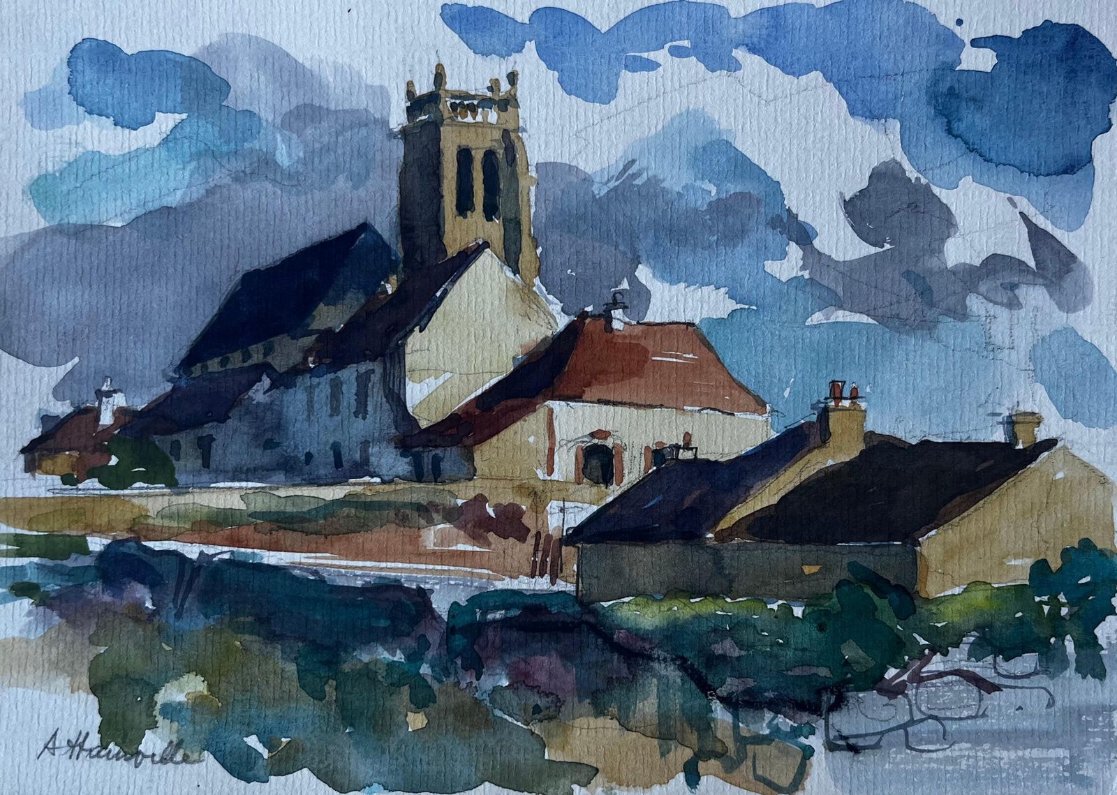 Pierre Neveuchurch At Hauteville French Village Watercolour By Pierre Neveu