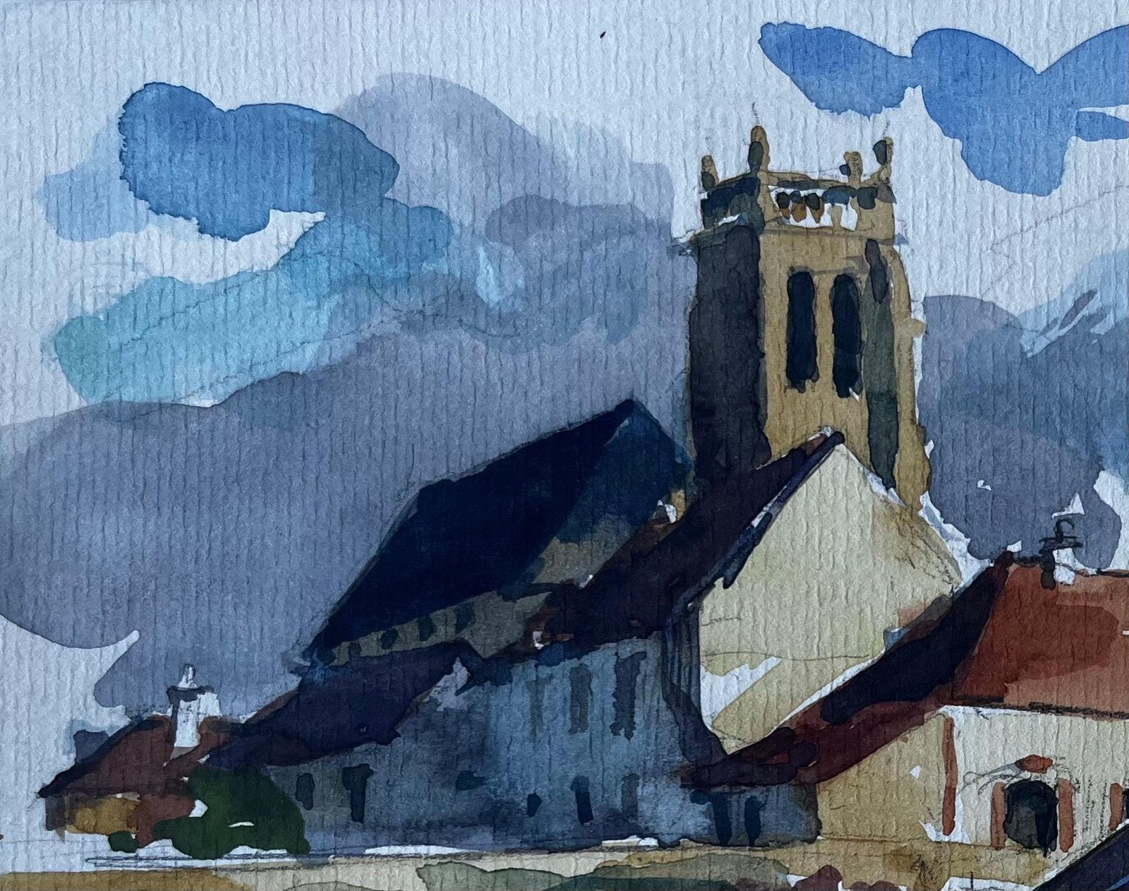 Pierre Neveuchurch At Hauteville French Village Watercolour By Pierre Neveu photo for sale