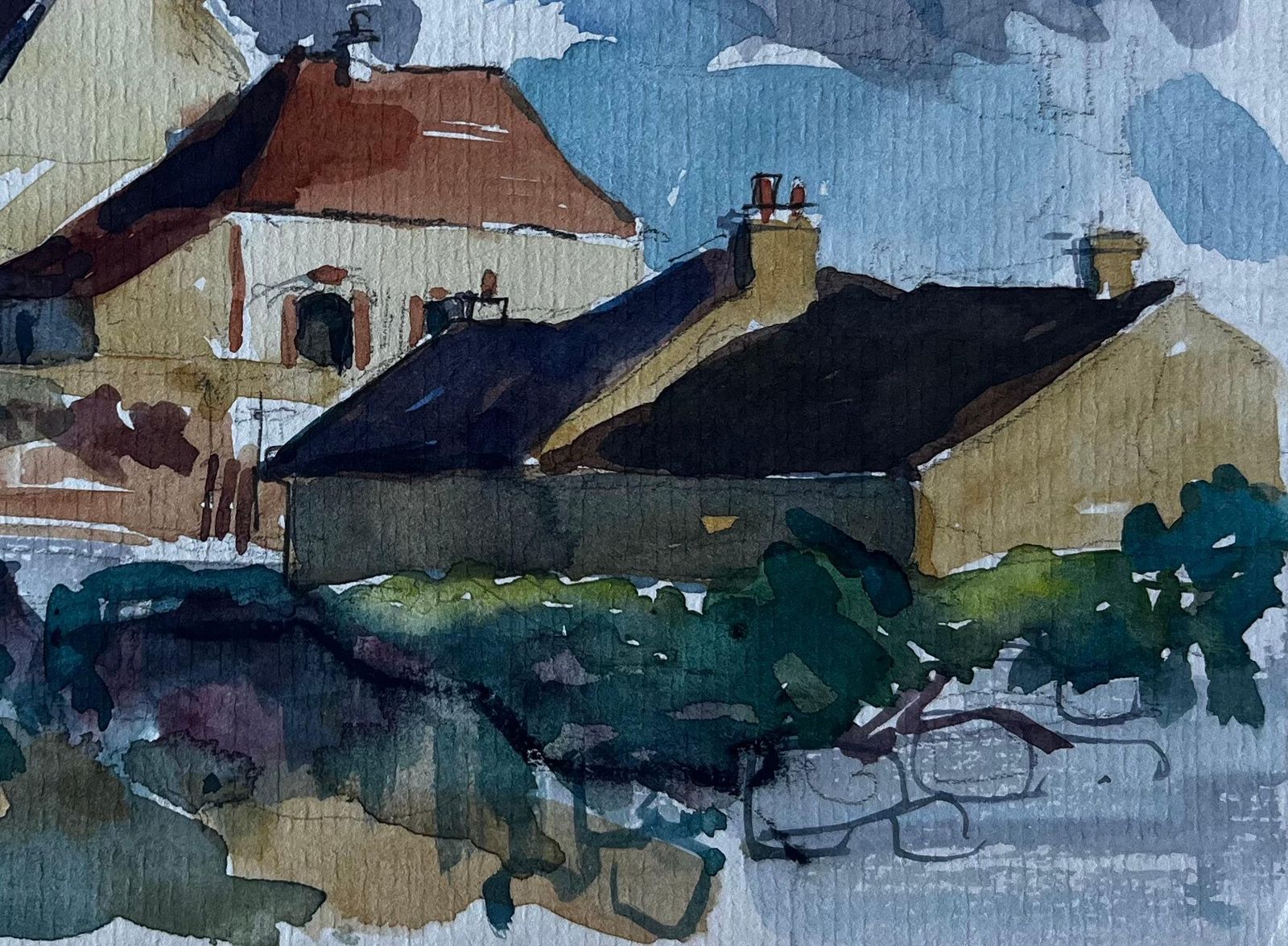 Pierre Neveuchurch At Hauteville French Village Watercolour By Pierre Neveu photo 570.0
