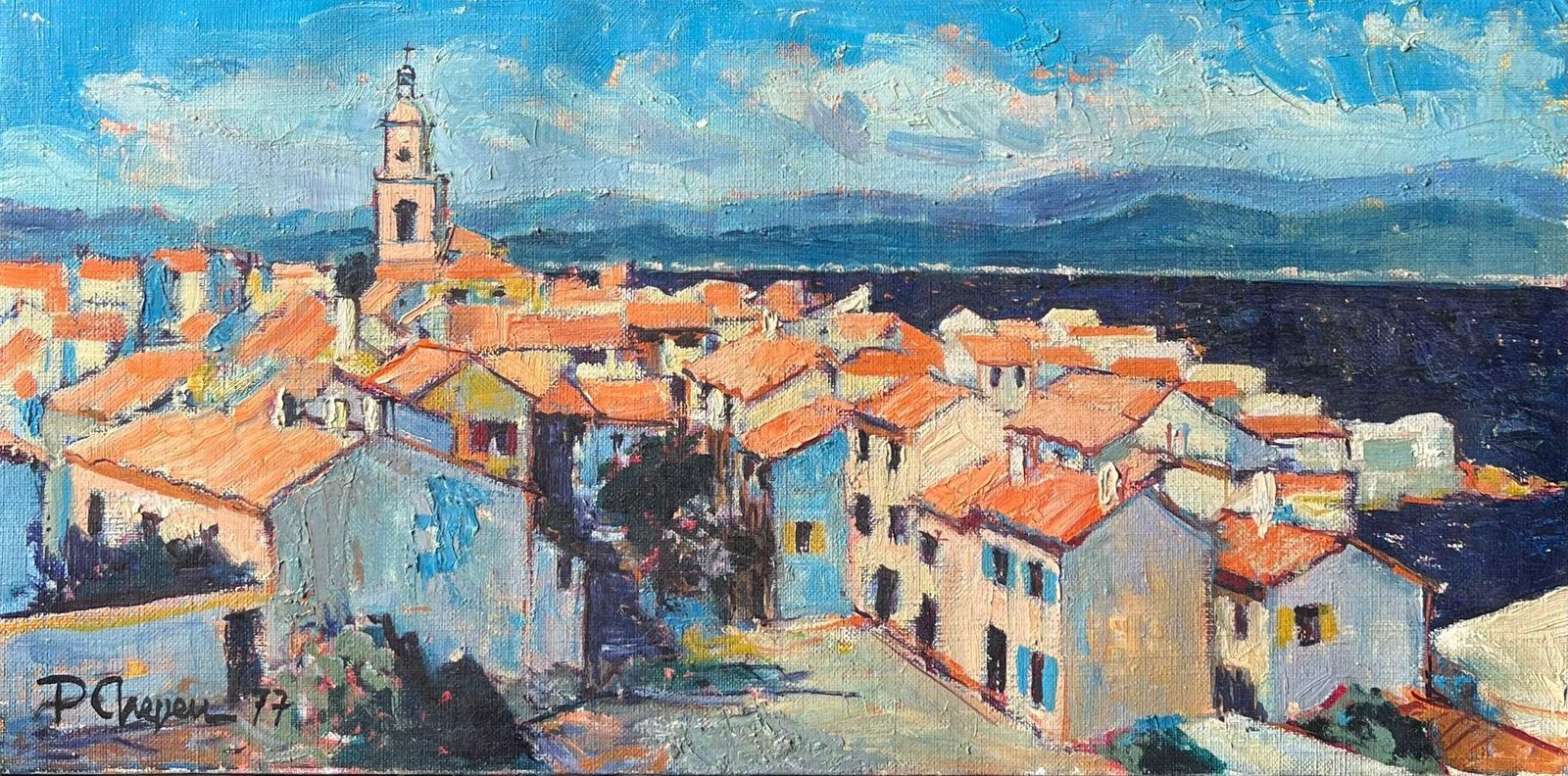 Pierre Neveust. Tropez Skyline Rooftops & Houses 1970's French Post Impression Oil Painting1977