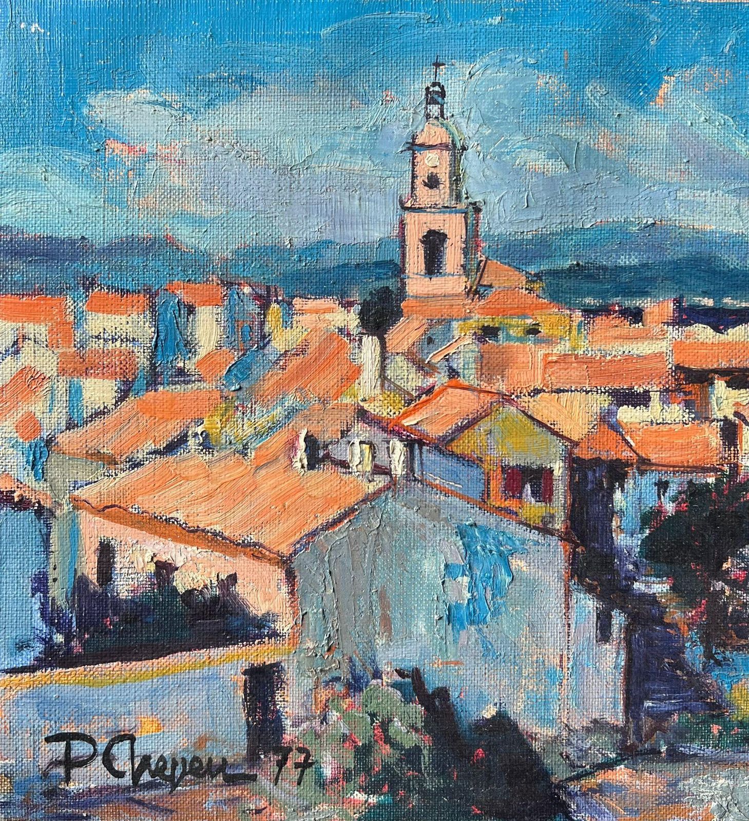 Pierre Neveust. Tropez Skyline Rooftops & Houses 1970's French Post Impression Oil Painting1977 photo for sale