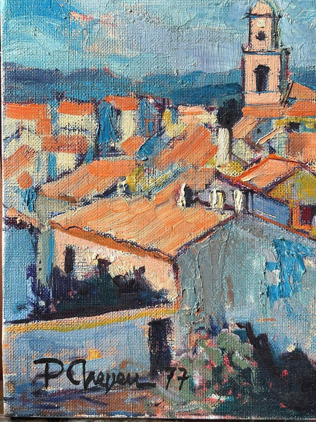 Pierre Neveust. Tropez Skyline Rooftops & Houses 1970's French Post Impression Oil Painting1977 photo vinterior